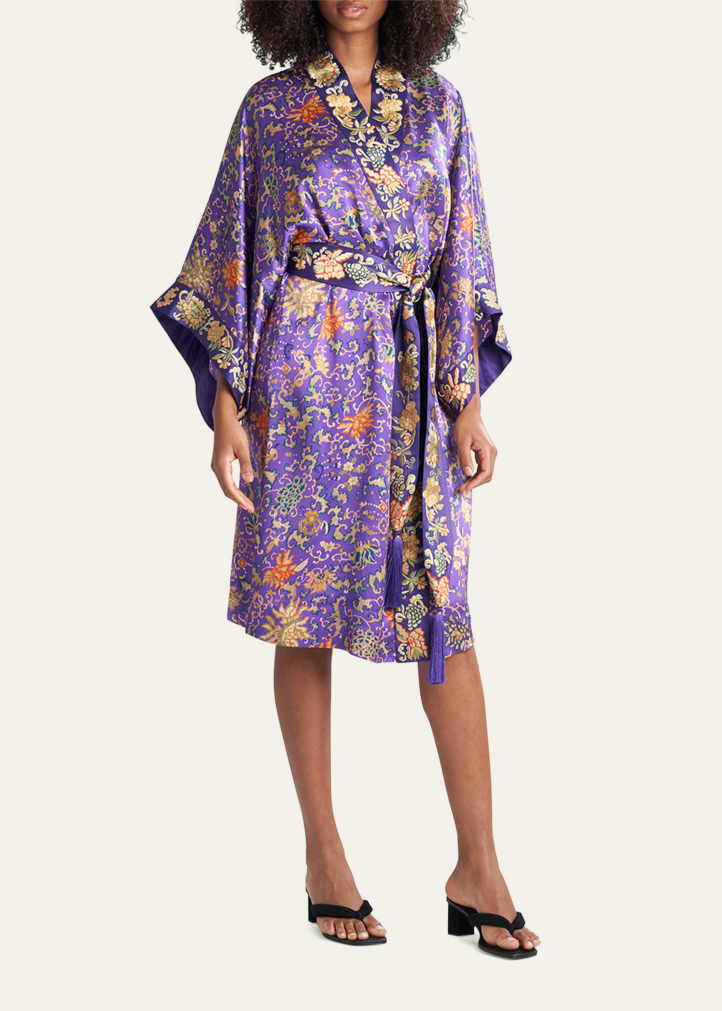 Josie Natori Short Belted Embellished Silk Robe