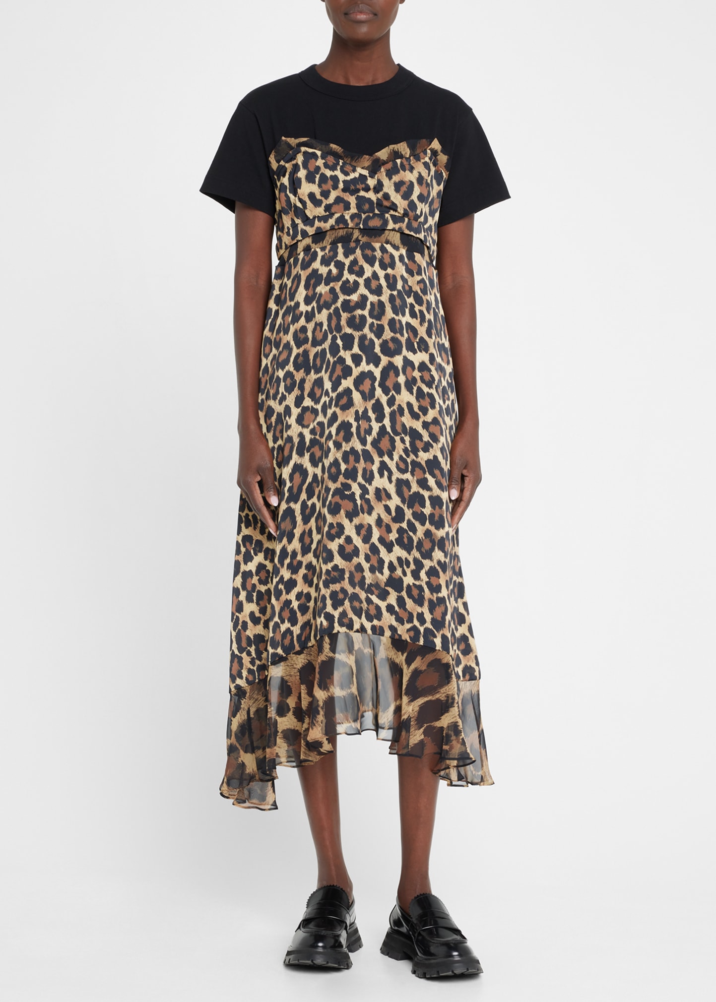 ■sacai■サカイ■Leopard Print Jersey & Satin Midi Dress■ Sacai Mixed-media Jersey Leopard-print Midi Dress In Animal