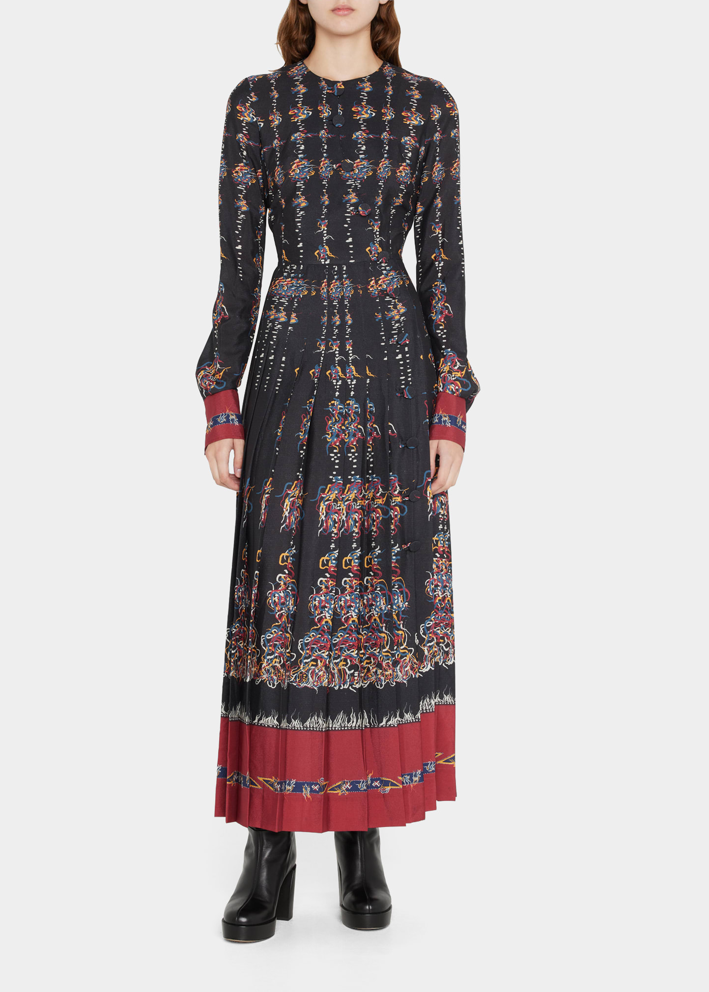 Teys Printed Fit-and-Flare Pleated Maxi Dress