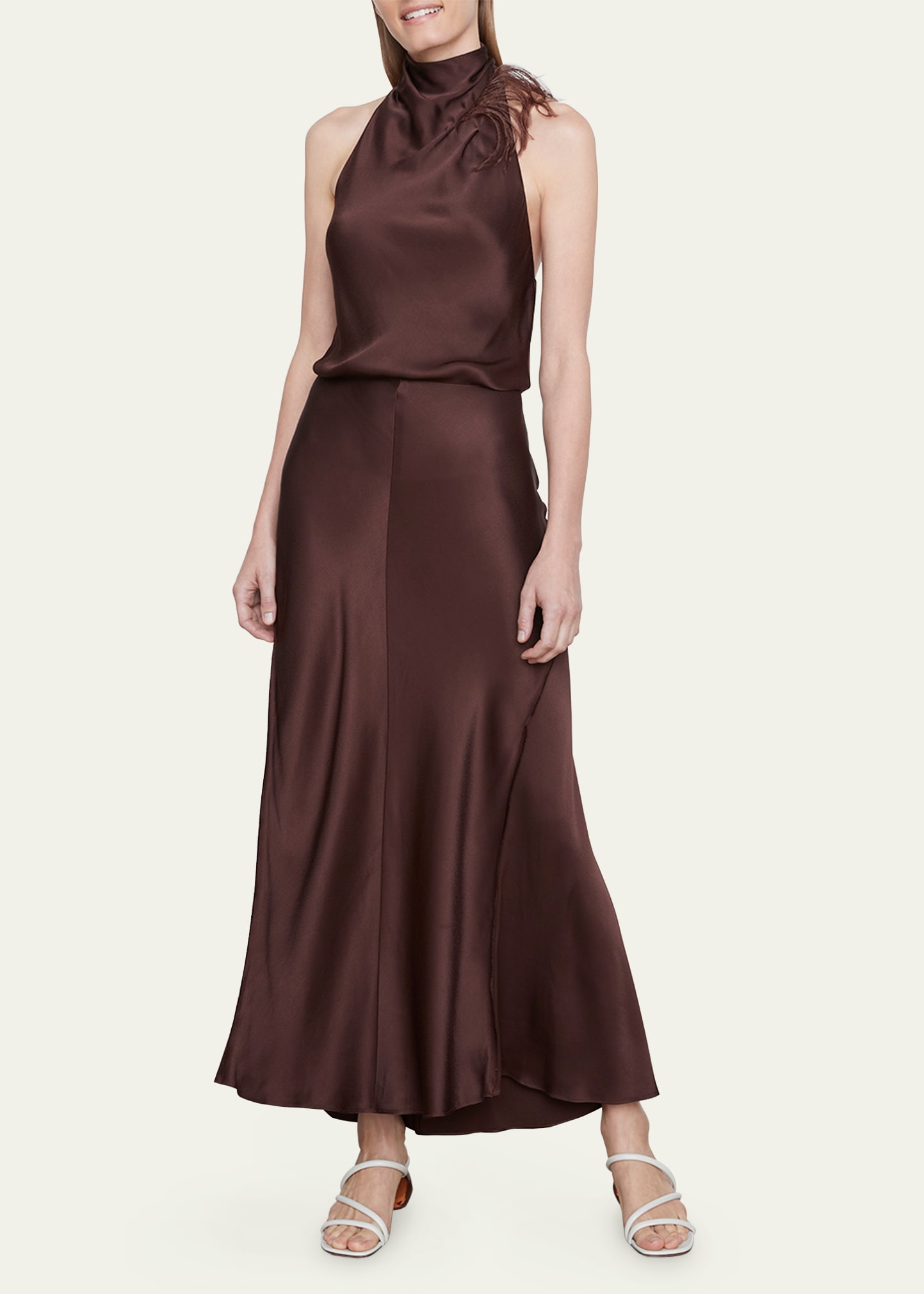 Vince Feather Draped-Neck Open-Back Maxi Dress