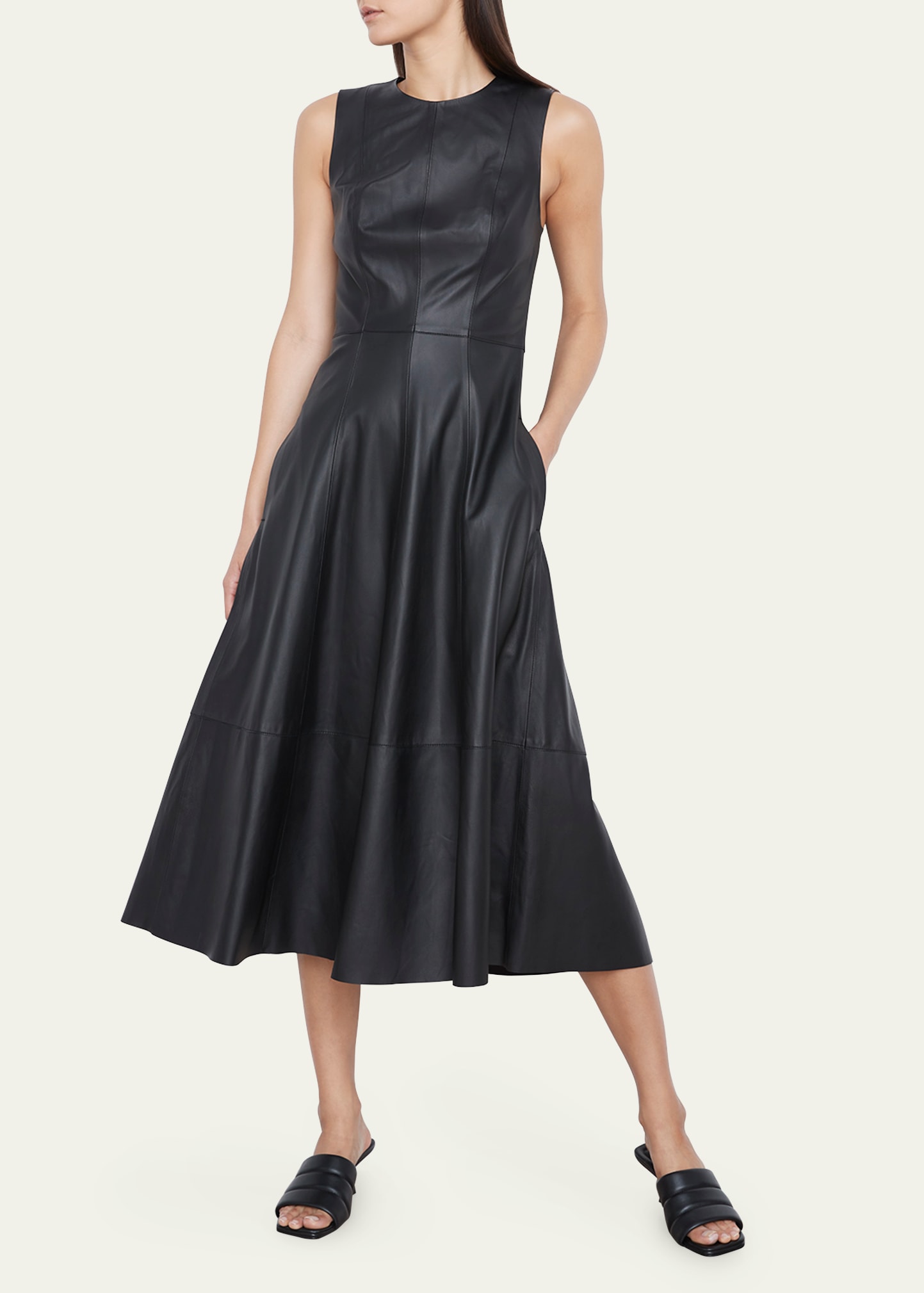 Vince Leather Sleeveless Midi A-line Dress
