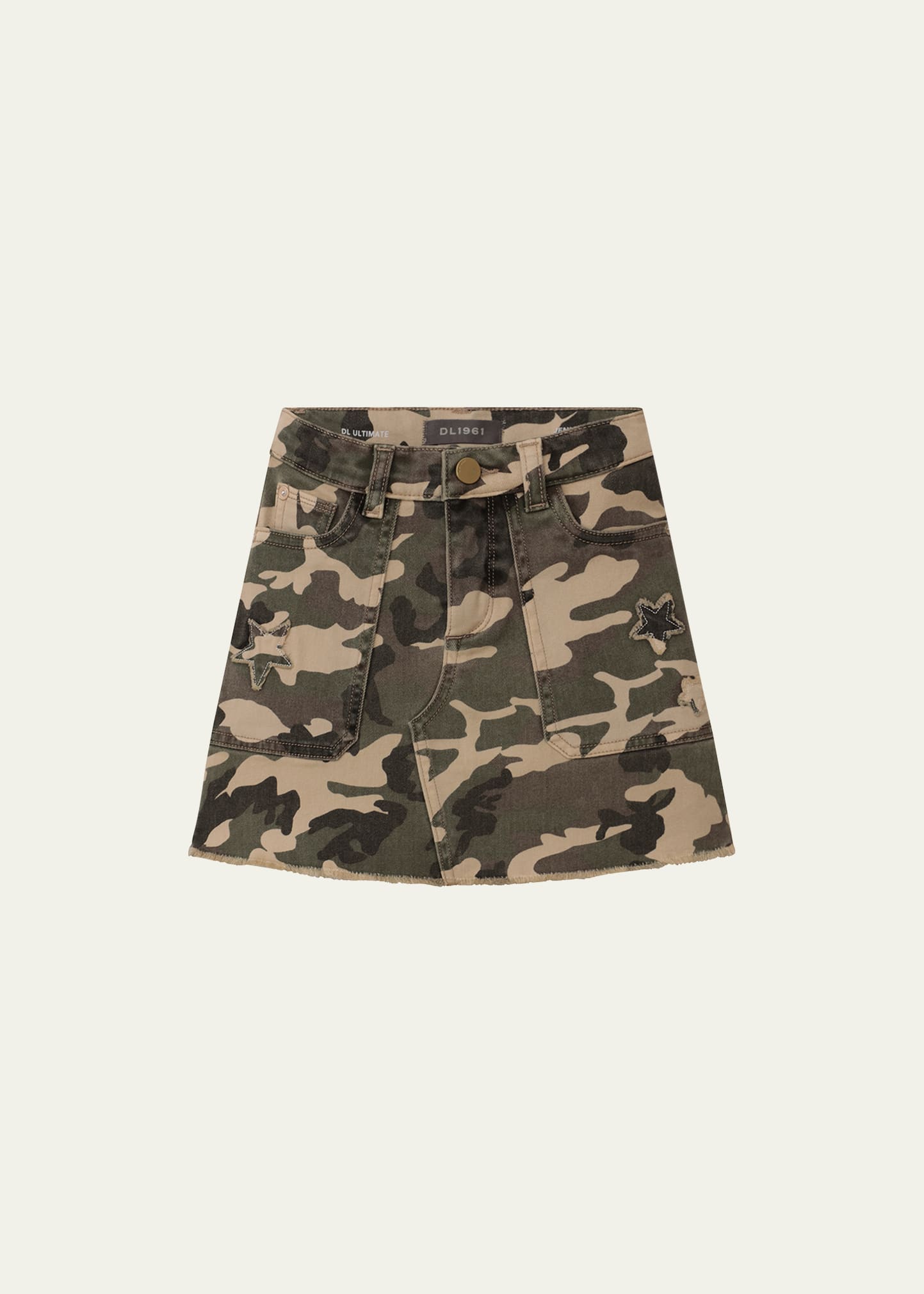 Jenny Camouflage Raw-Edge Mini Skirt, Size 4-6