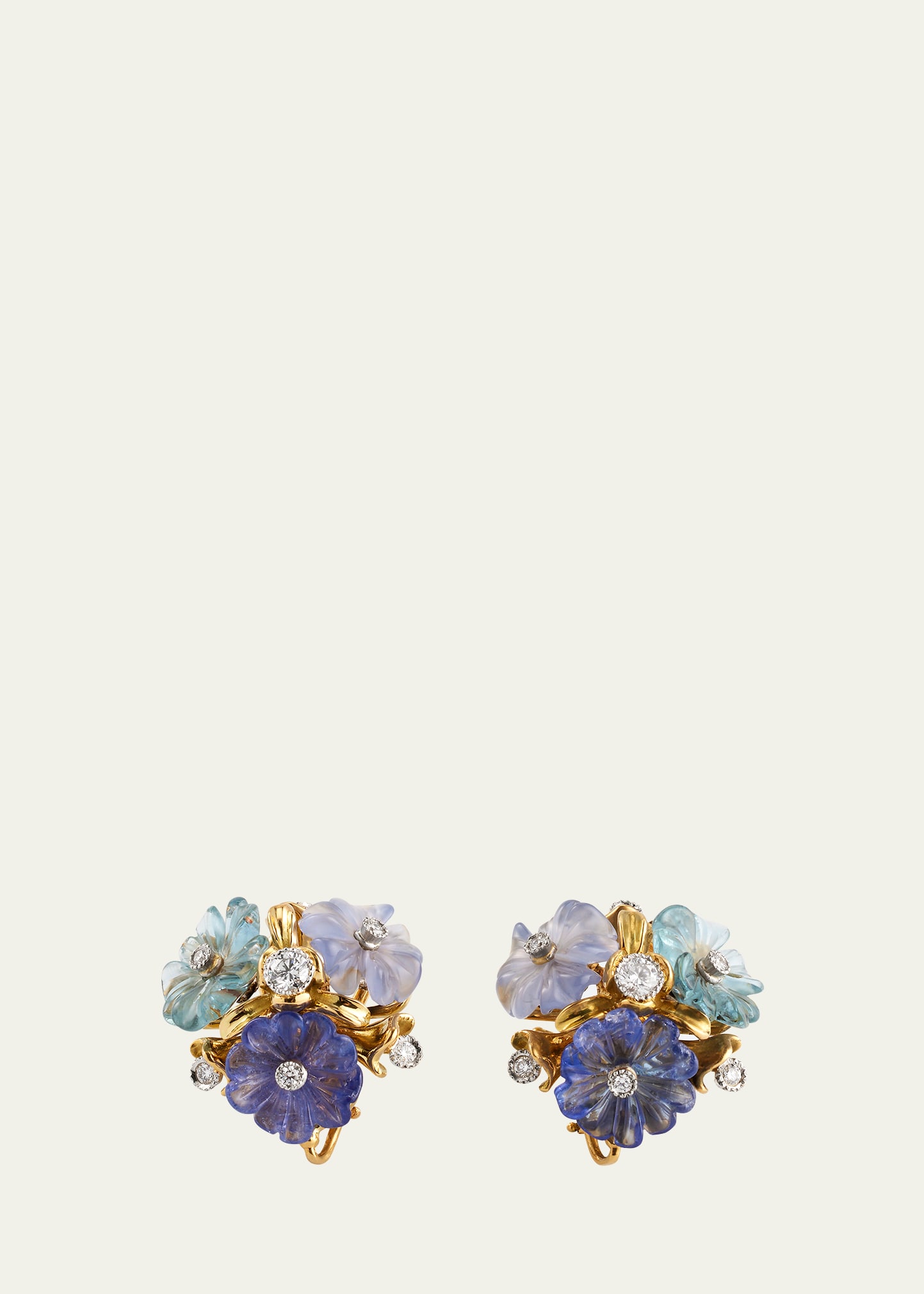 Yellow Gold Earring Tops with Aqua, Chalcedony and Tanzanite