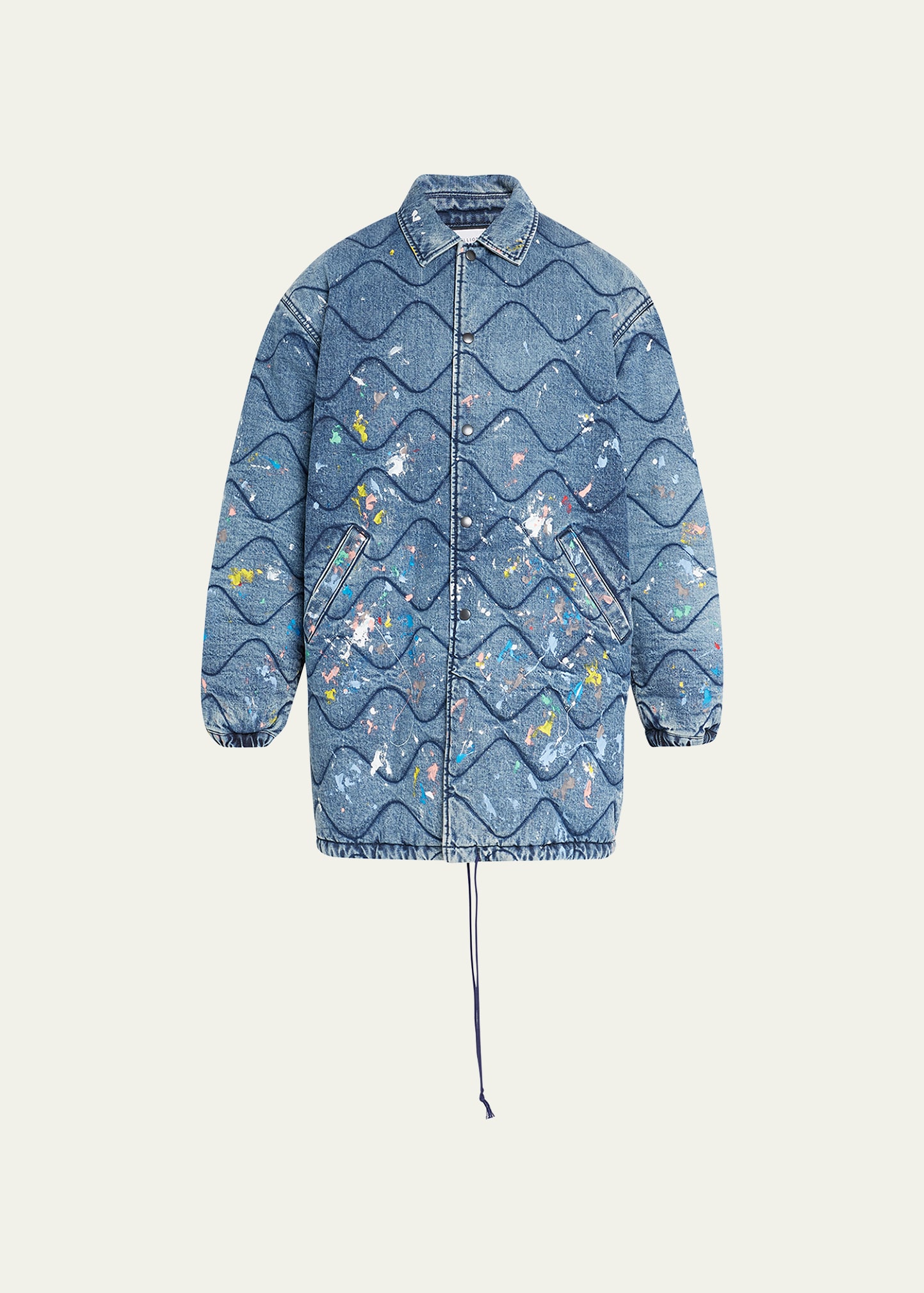 Men's Quilted Paint-Splatter Denim Coach Jacket