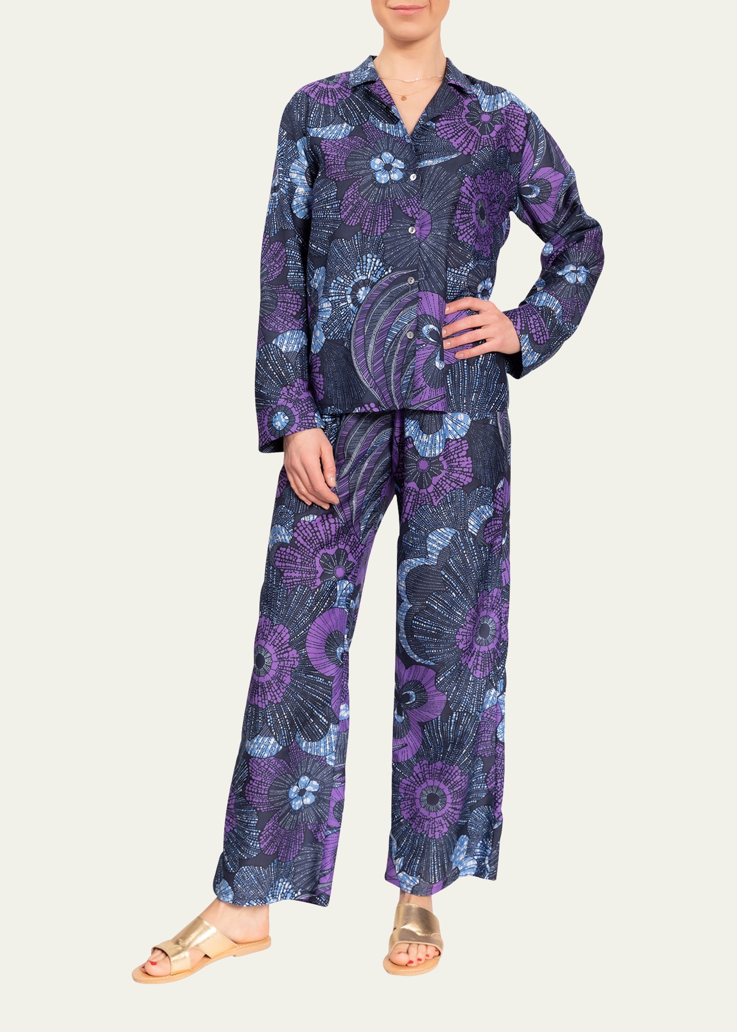 Everyday Ritual Allison/angela Button-down Cotton Pajama Set In Midnight Garden