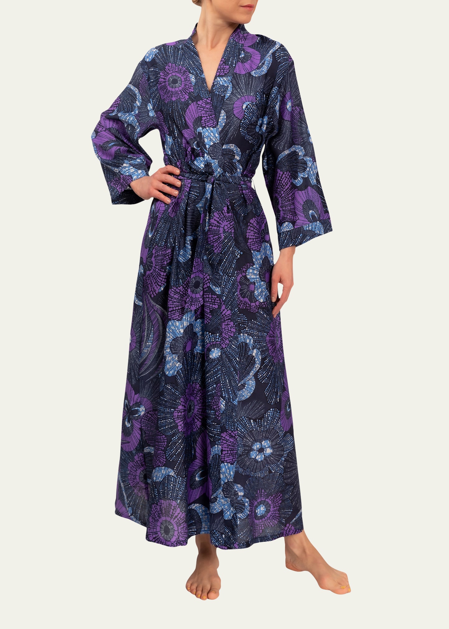 Everyday Ritual Colette Long Sateen Robe In Midnight Garden