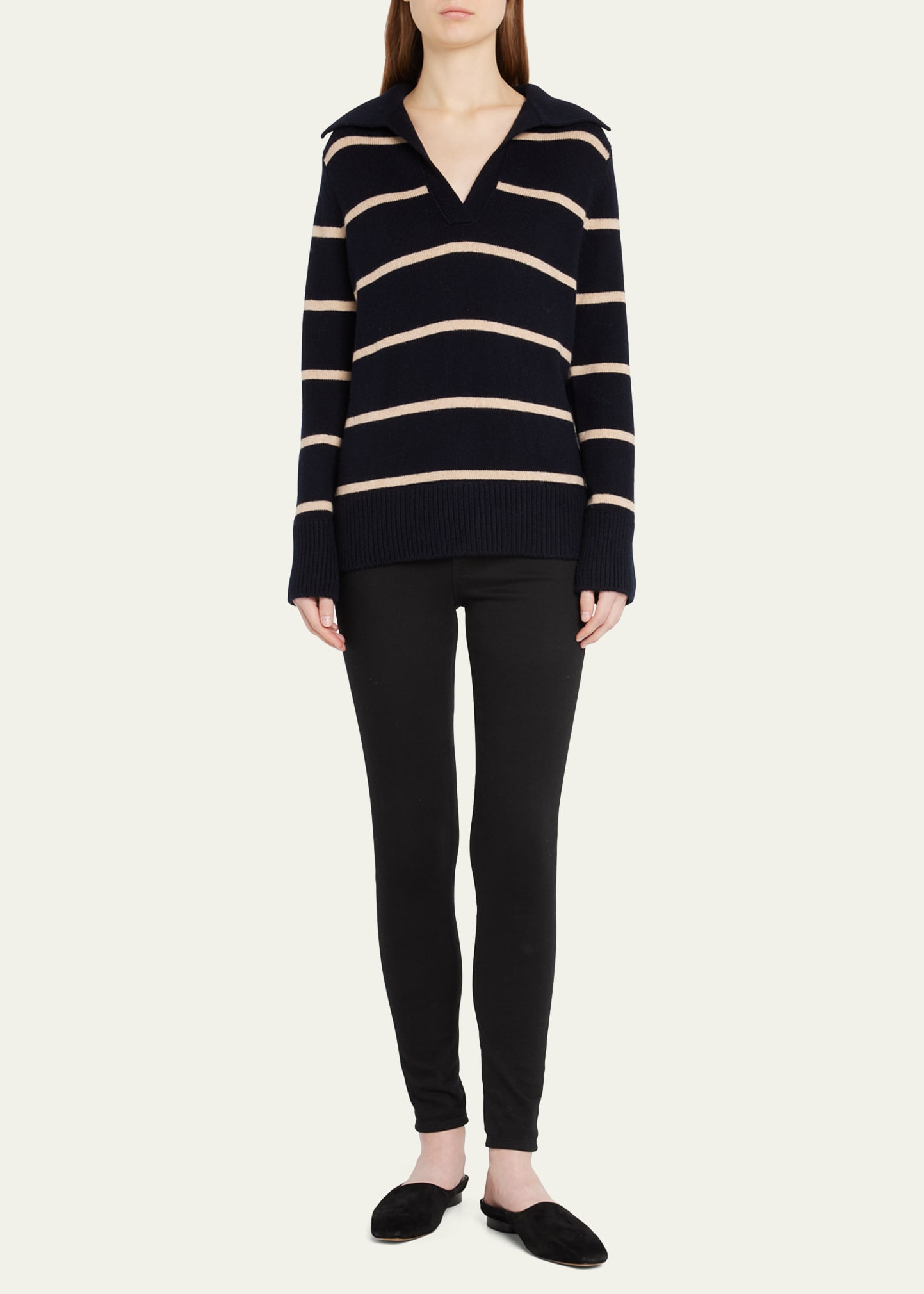 Vince Johnny-Collar Stripe Wool-Cashmere Sweater