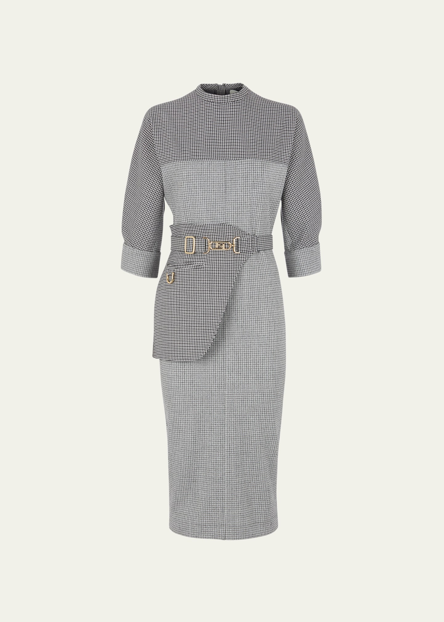 Micro Pied De Poule Midi Dress with Detachable Belt