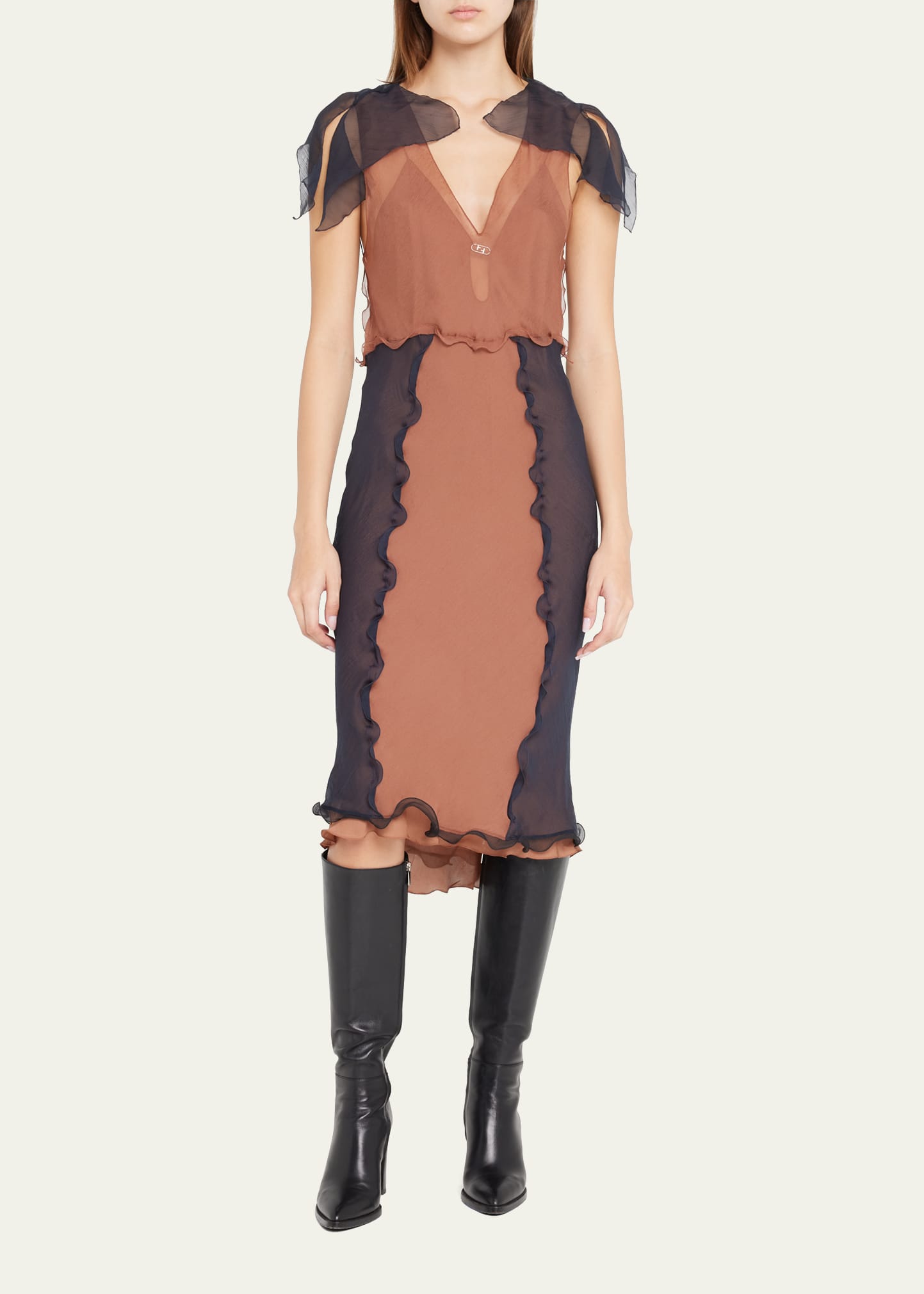 Fendi Bicolor Chiffon Ruffle-Trim Midi Dress with Slip