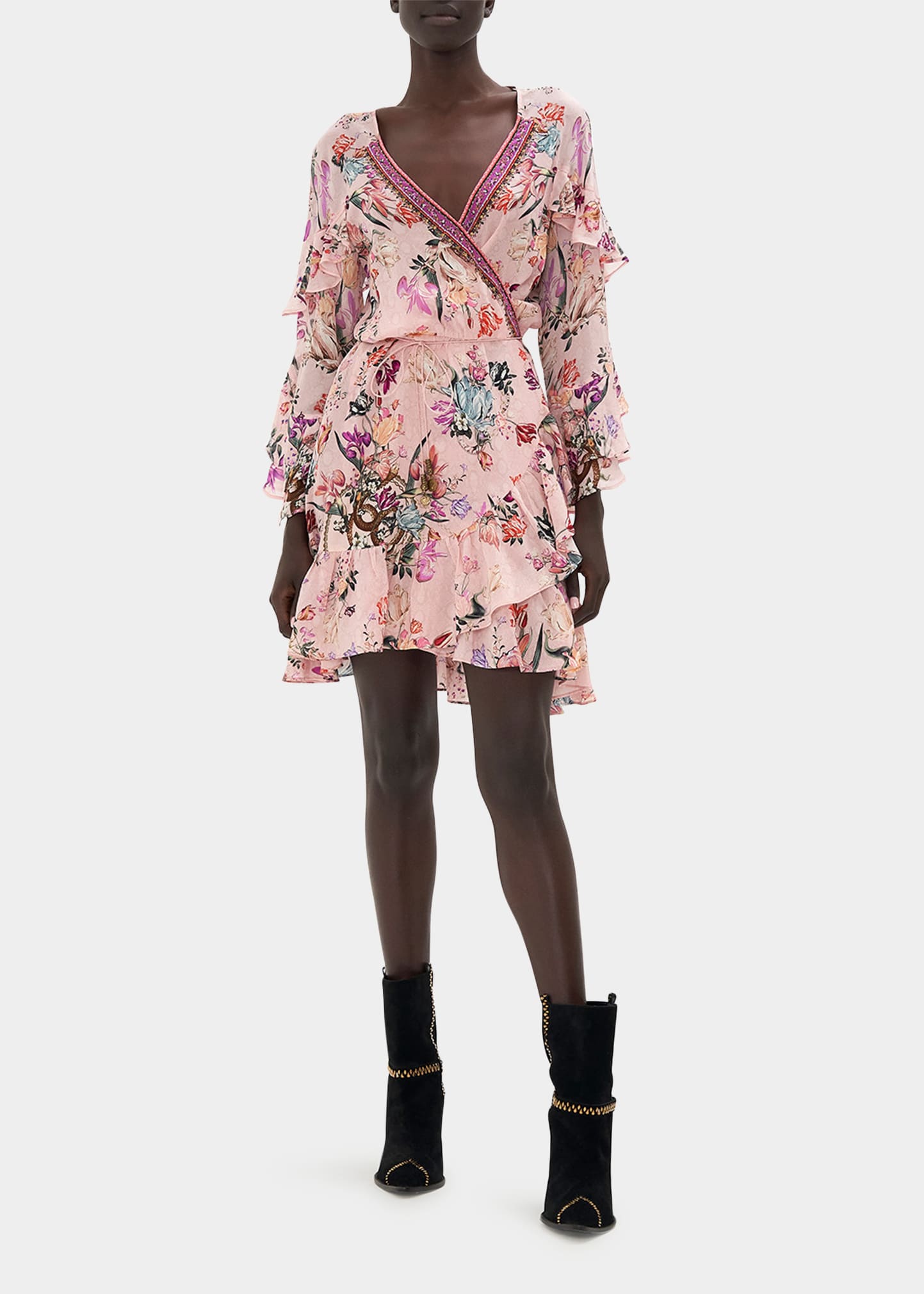 Short Ruffle Silk Wrap Dress
