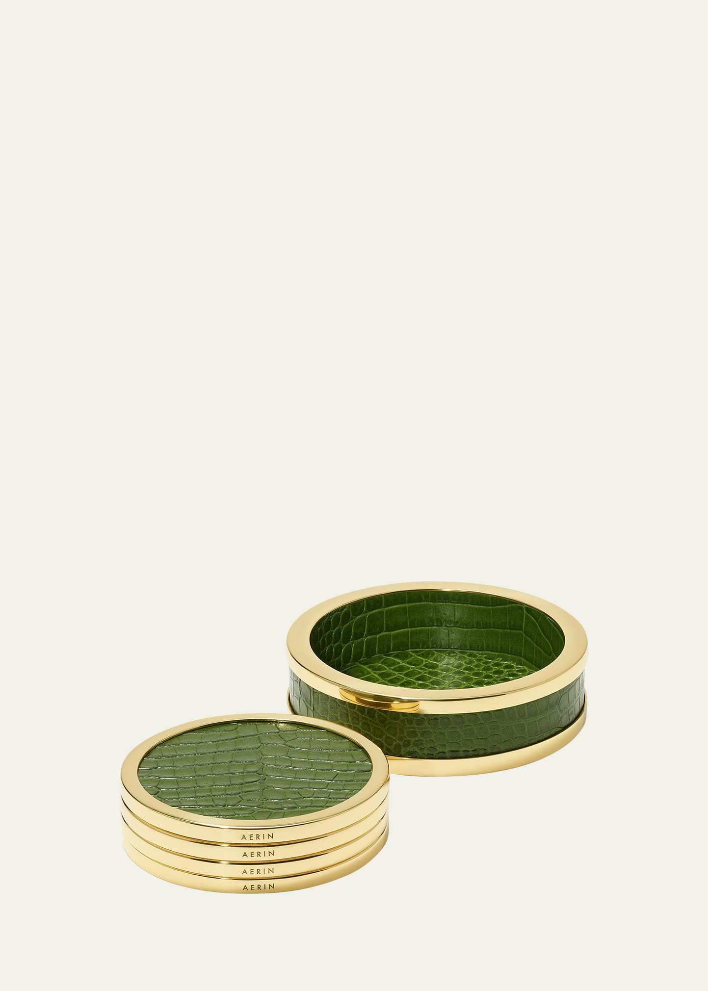 Shop Aerin Classic Croc Leather Coasters, Set Of 4 In Green