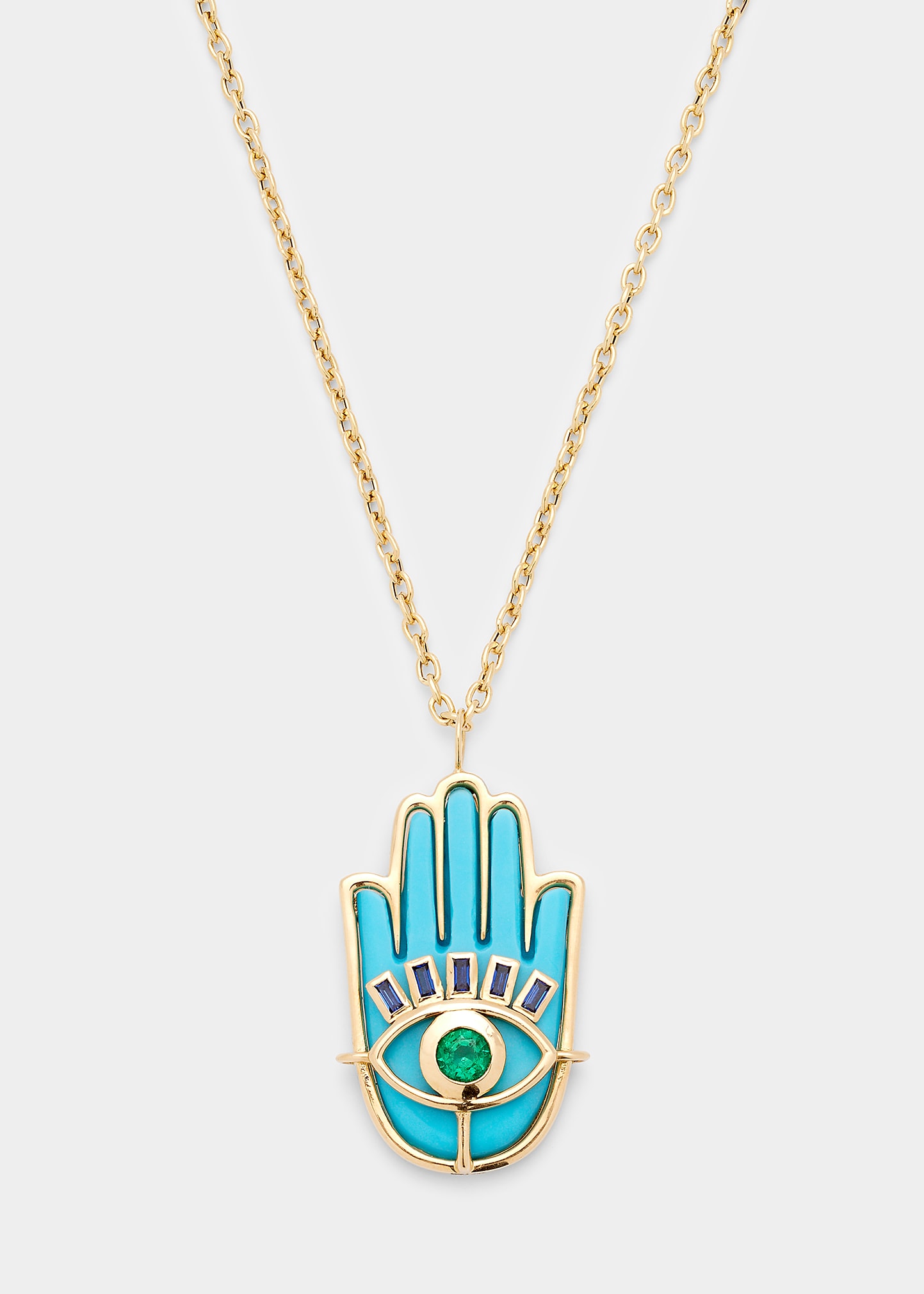Brent Neale Turquoise Hamsa Necklace with Emerald and Blue Sapphires