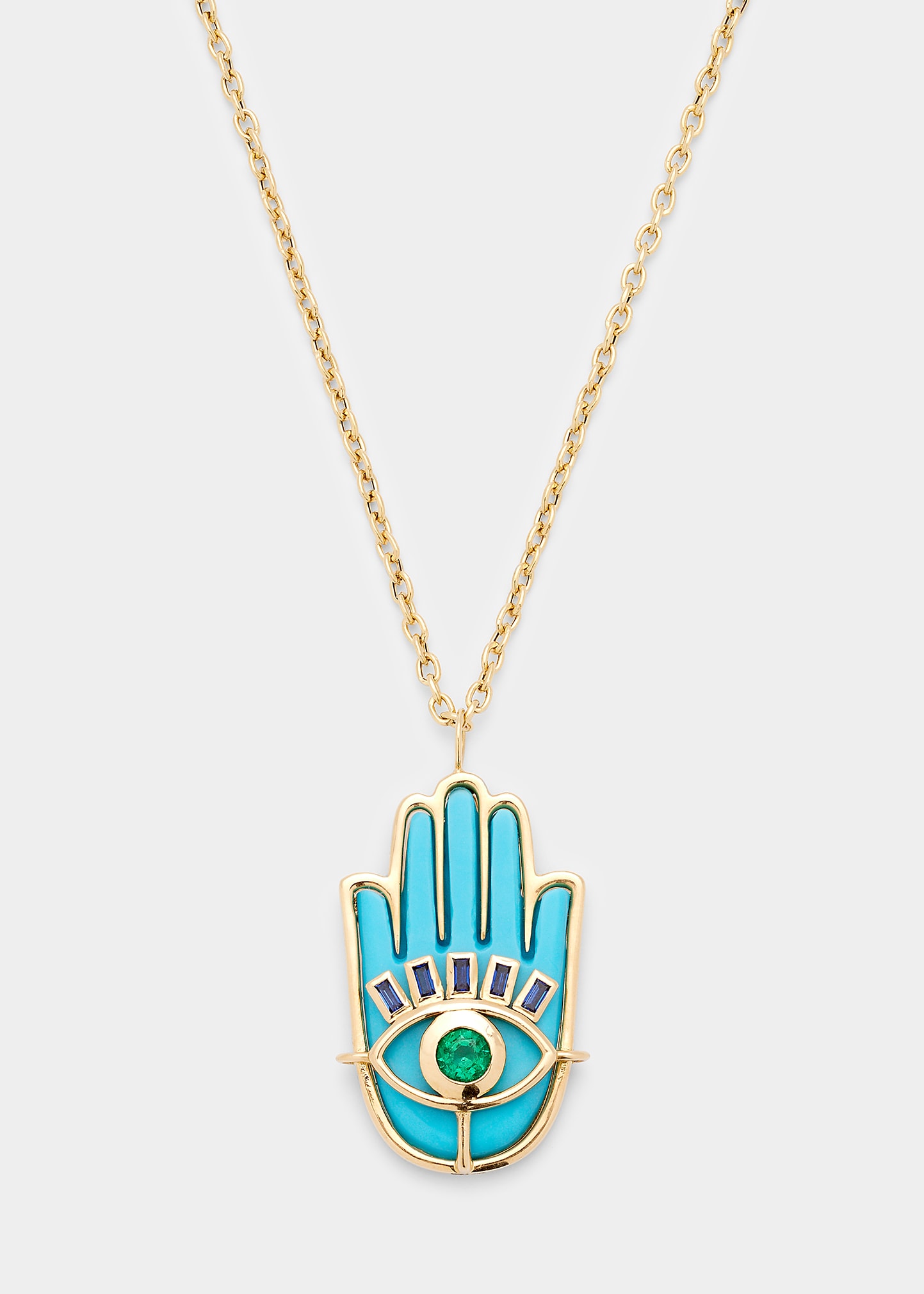 BRENT NEALE TURQUOISE HAMSA NECKLACE WITH EMERALD AND BLUE SAPPHIRES