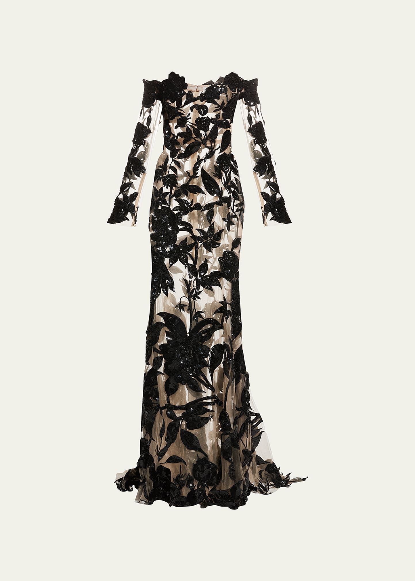 Oscar de la Renta Floral-Sequin Embroidered Evening Gown