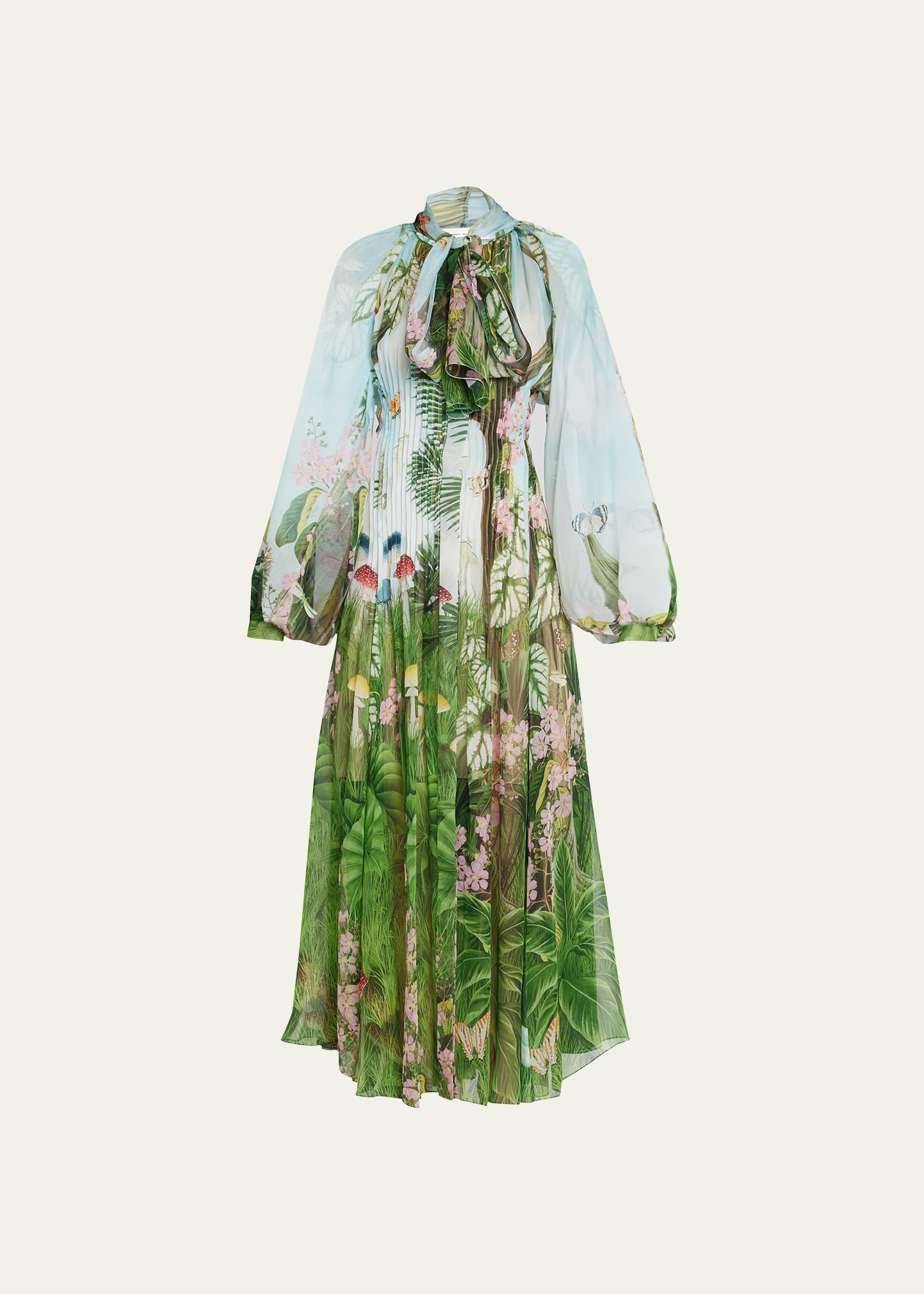 Oscar De La Renta Tie-neck Pintucked Printed Silk-chiffon Gown In Green Multi