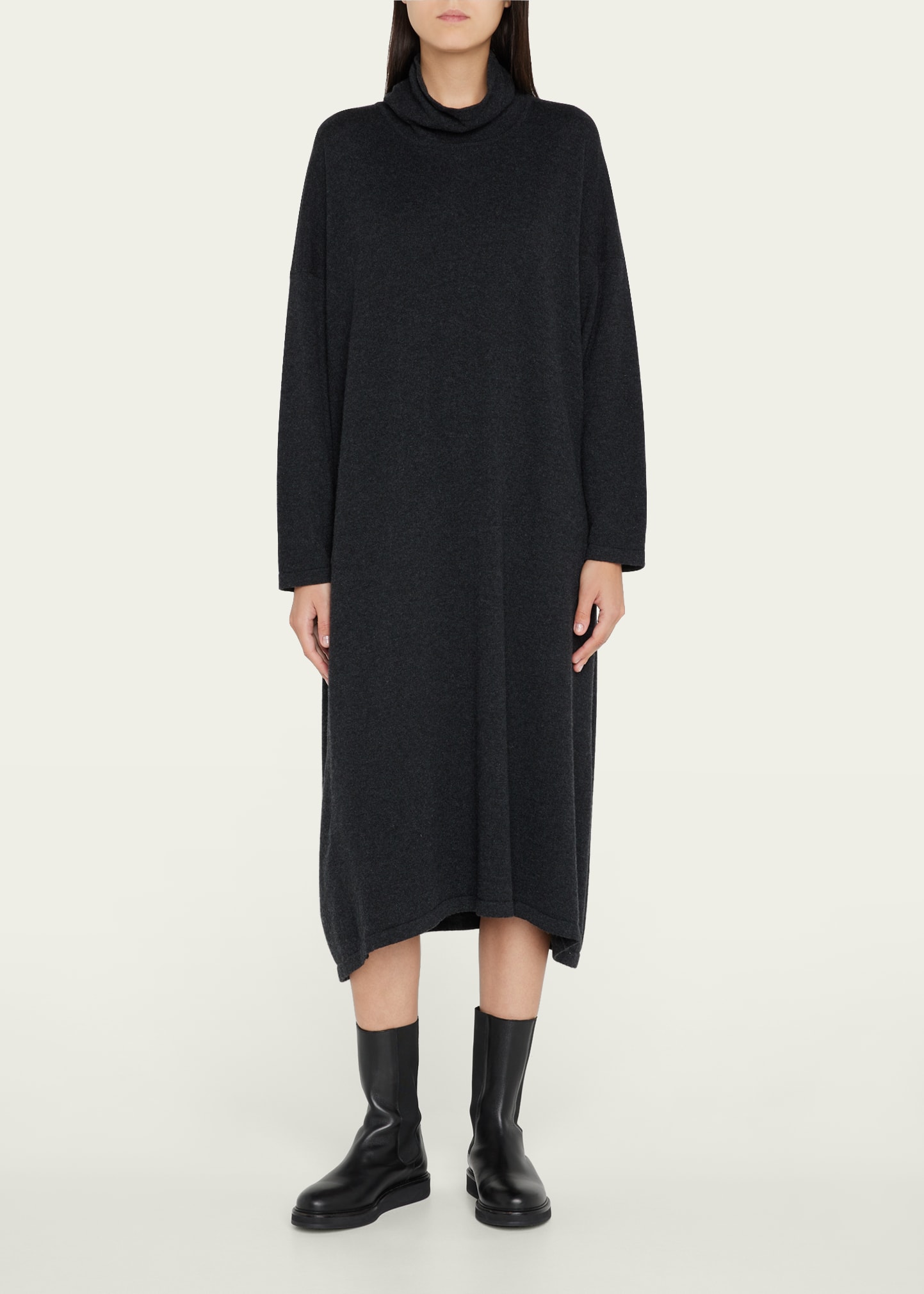 Angled-to-Front Scrunch Neck Cashmere Dress