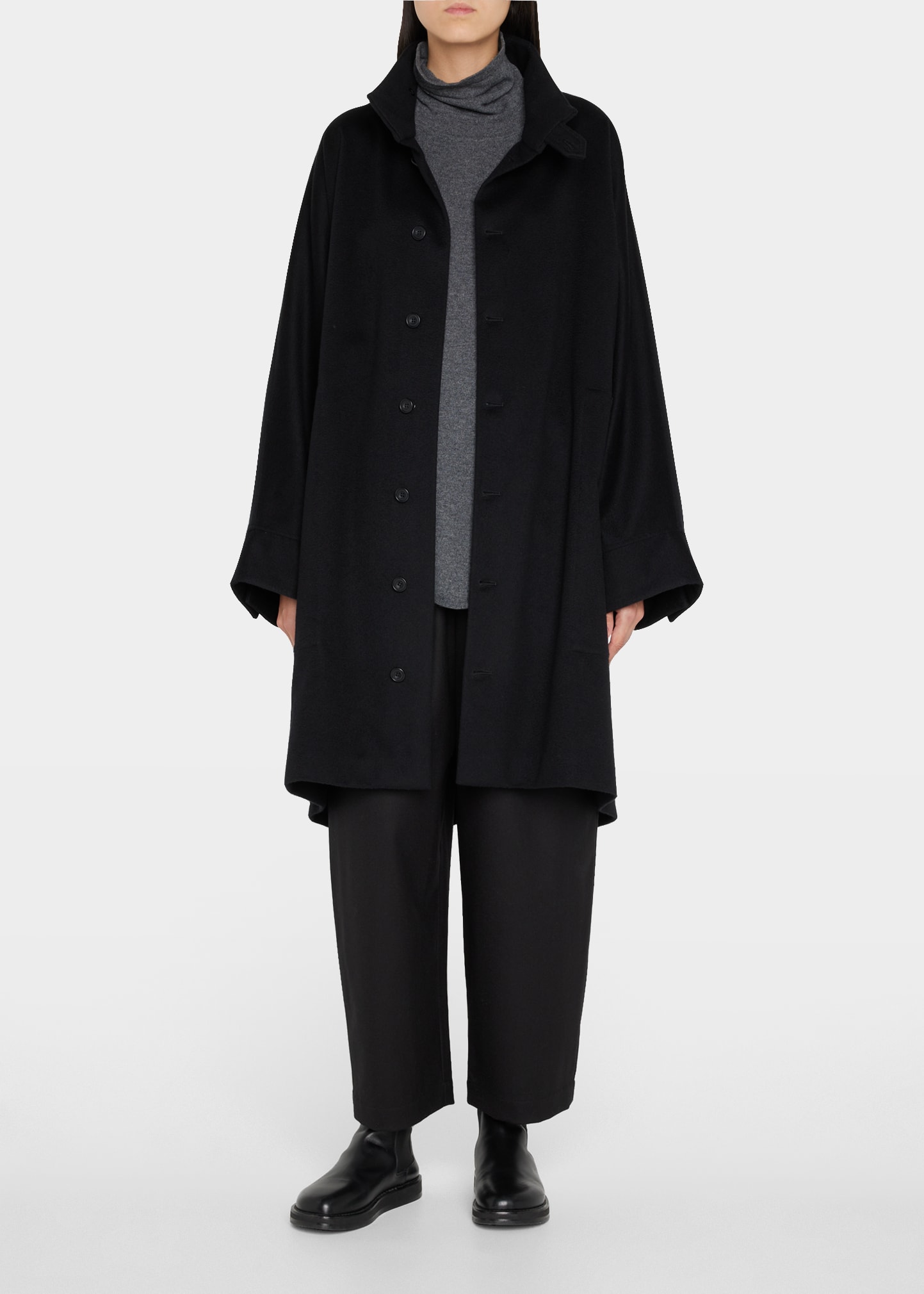 Extra Wide Sloped-Shoulder Wool Overcoat with Tab Details (Very Long)