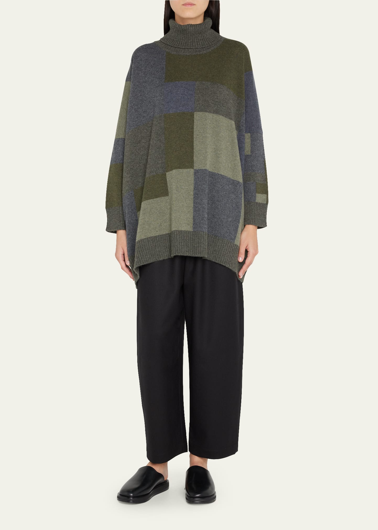 Roll-Neck Patchwork Cashmere Sweater (Long Length)