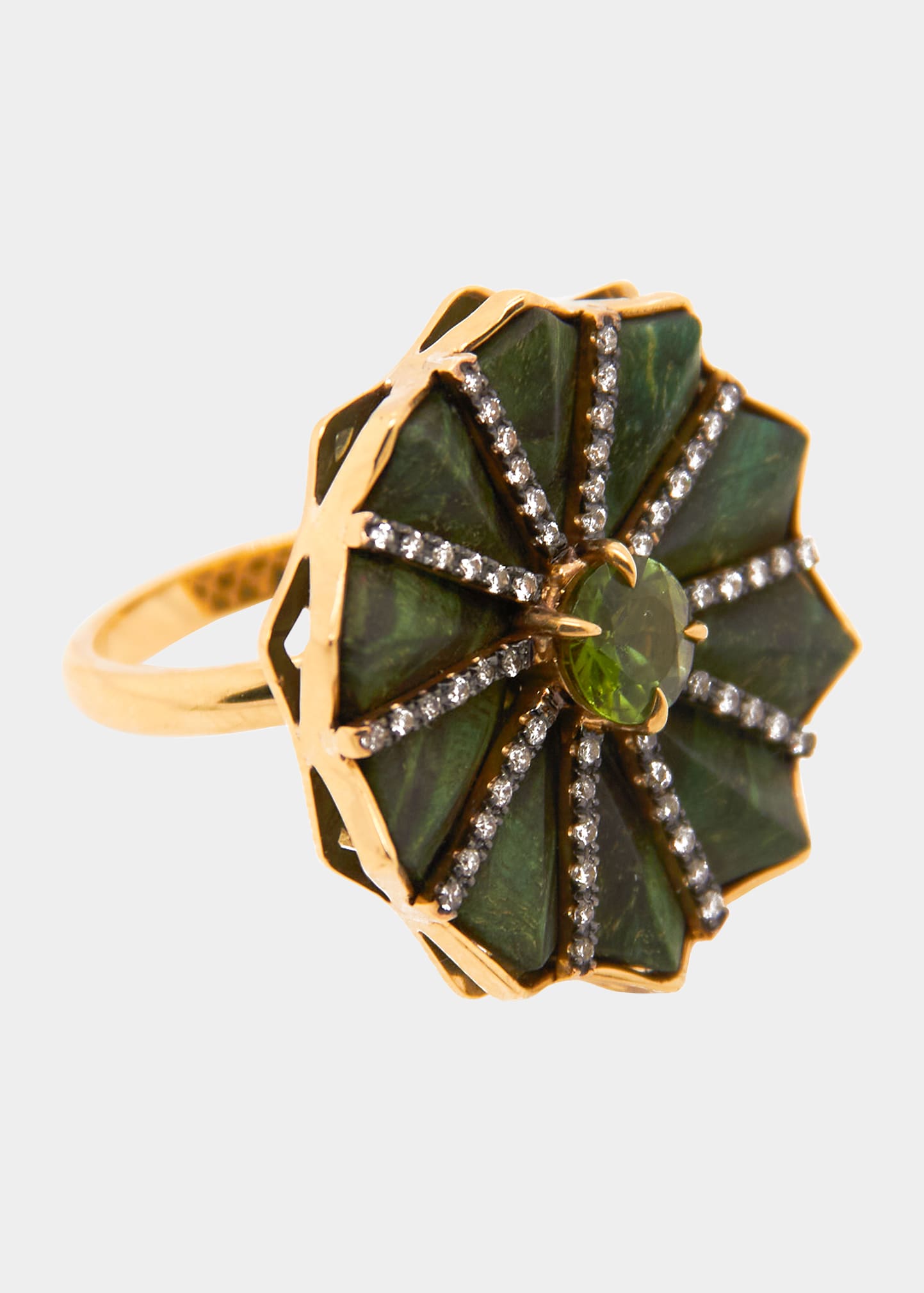 Carved Wood Ring with Diamonds and Green Tourmaline
