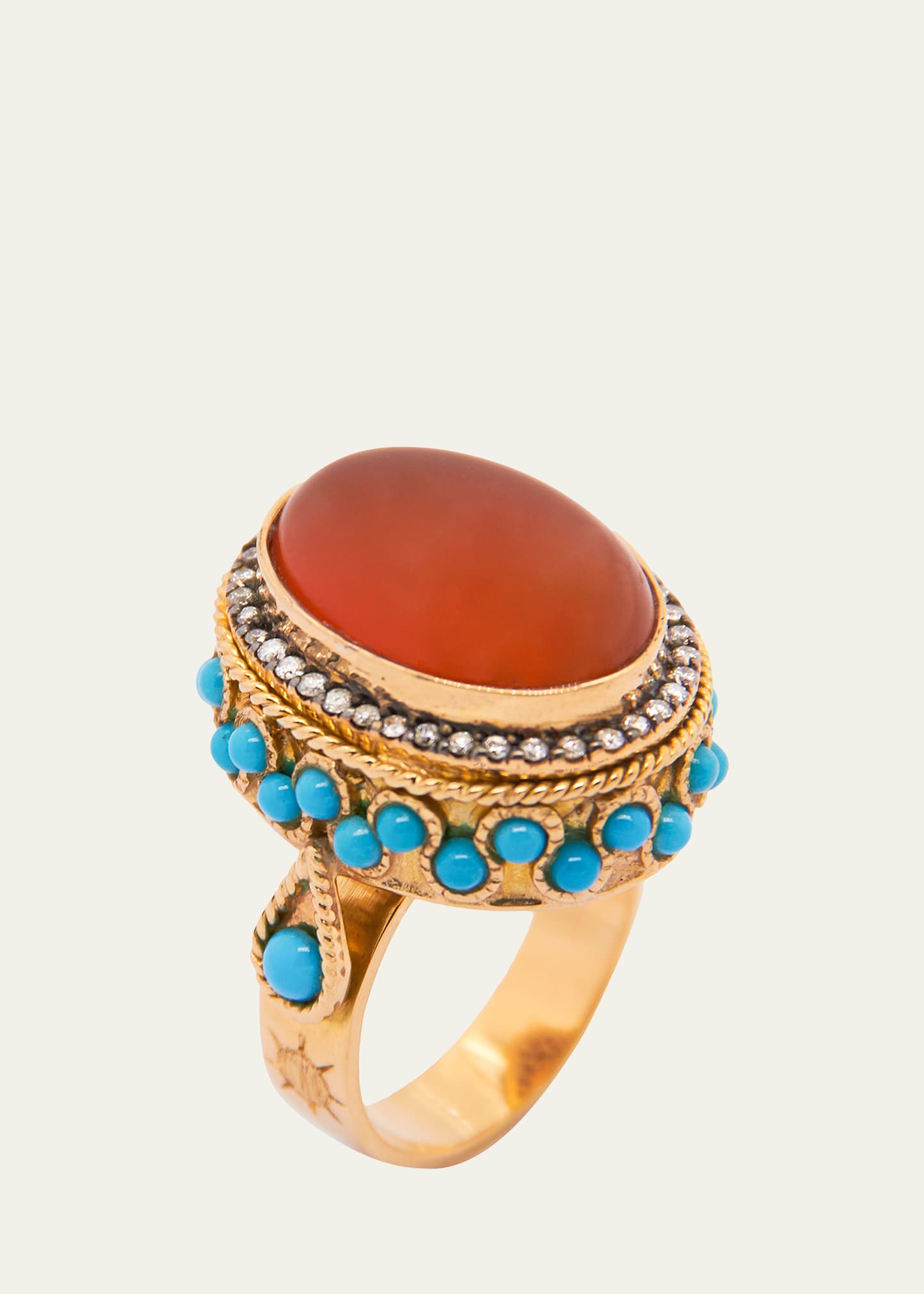 Silk Road Ring with Diamonds, Carnelian and Turquoise, Size 6.75