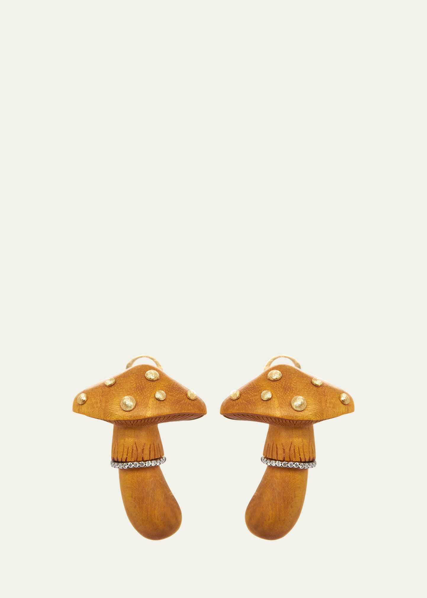 Carved Wood Mushroom Earrings with Diamonds
