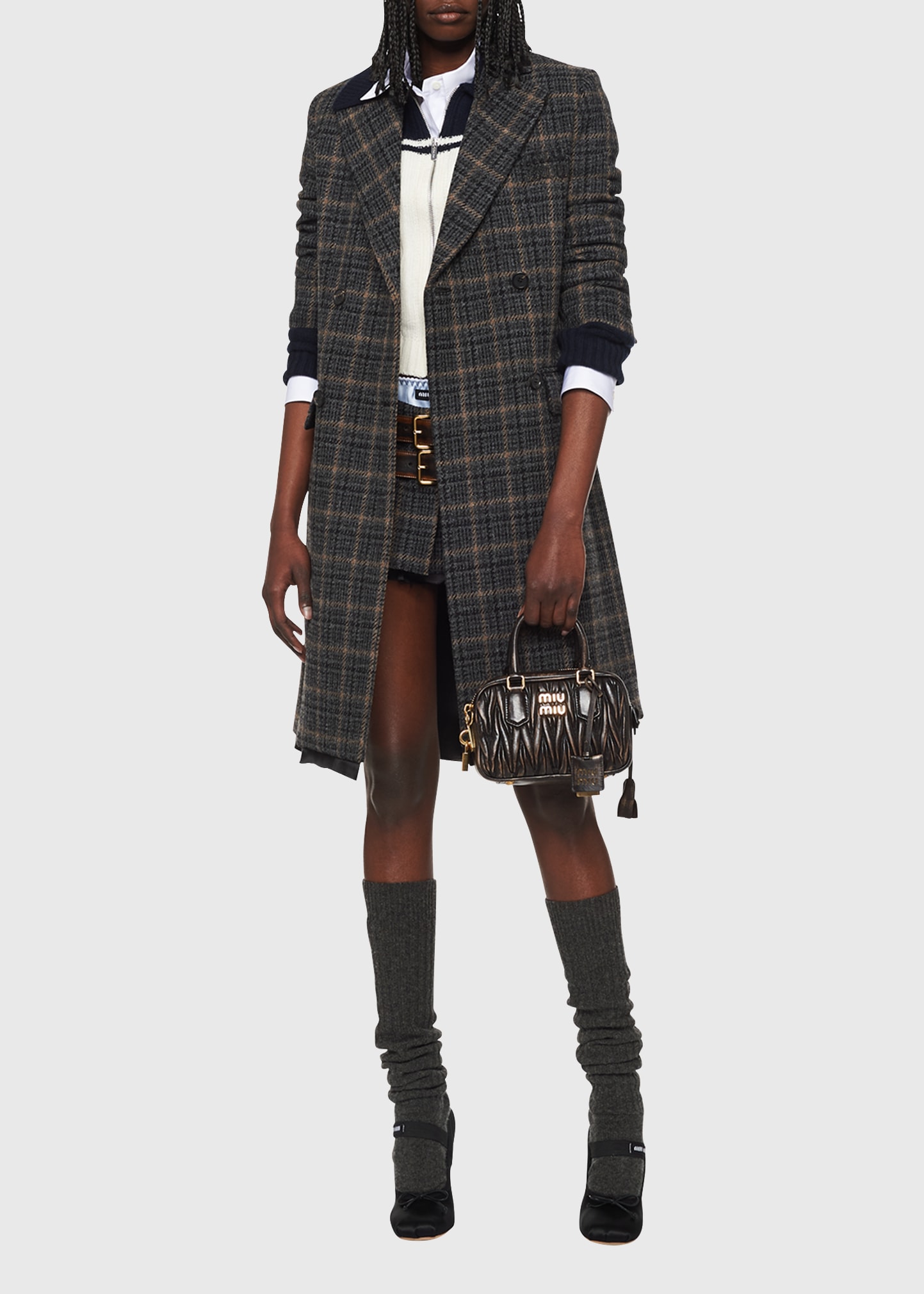 Miu Miu Tartan Double-breasted Long Wool Coat In Ebony