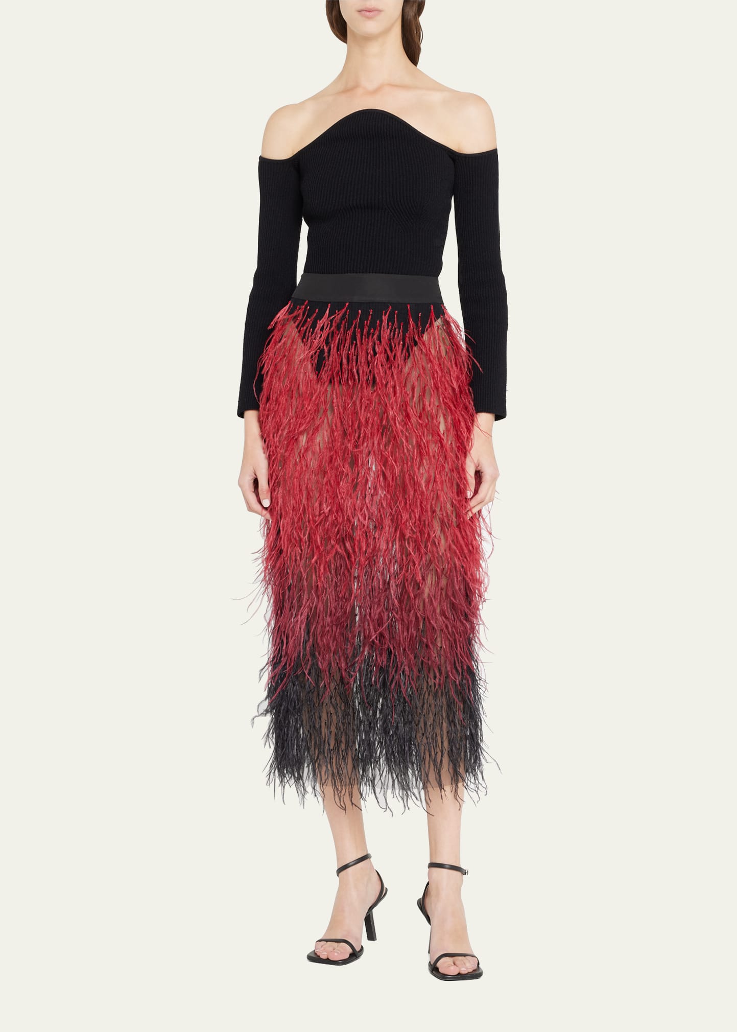 Aliette Tulle Midi Skirt w/ Feather Embellishments