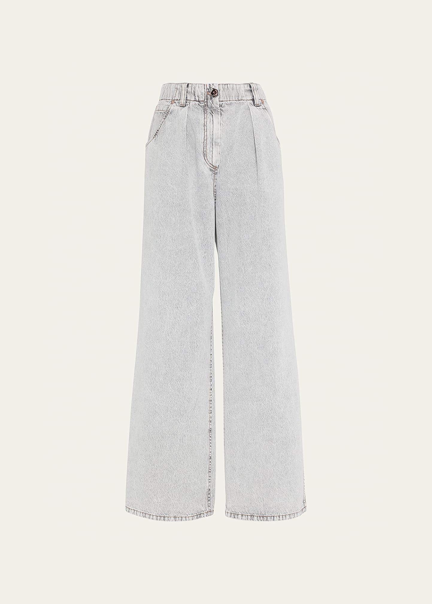 Brunello Cucinelli Stone-Washed Pleated Wide-Leg Elastic-Waist Jeans