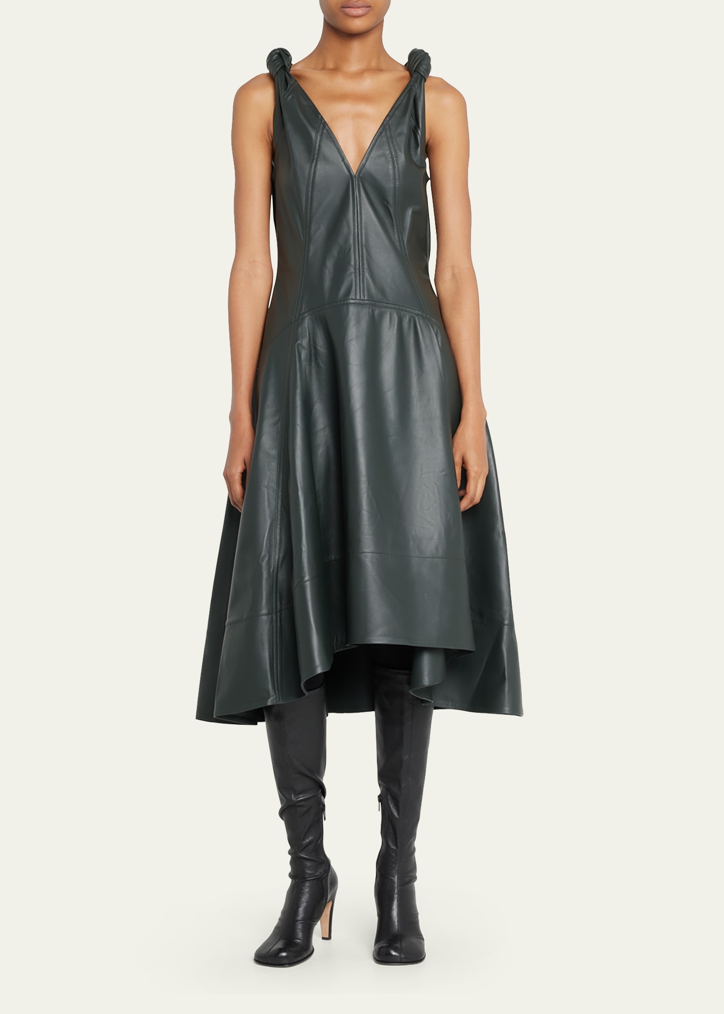 Leather Knotted-Shoulder Midi Dress