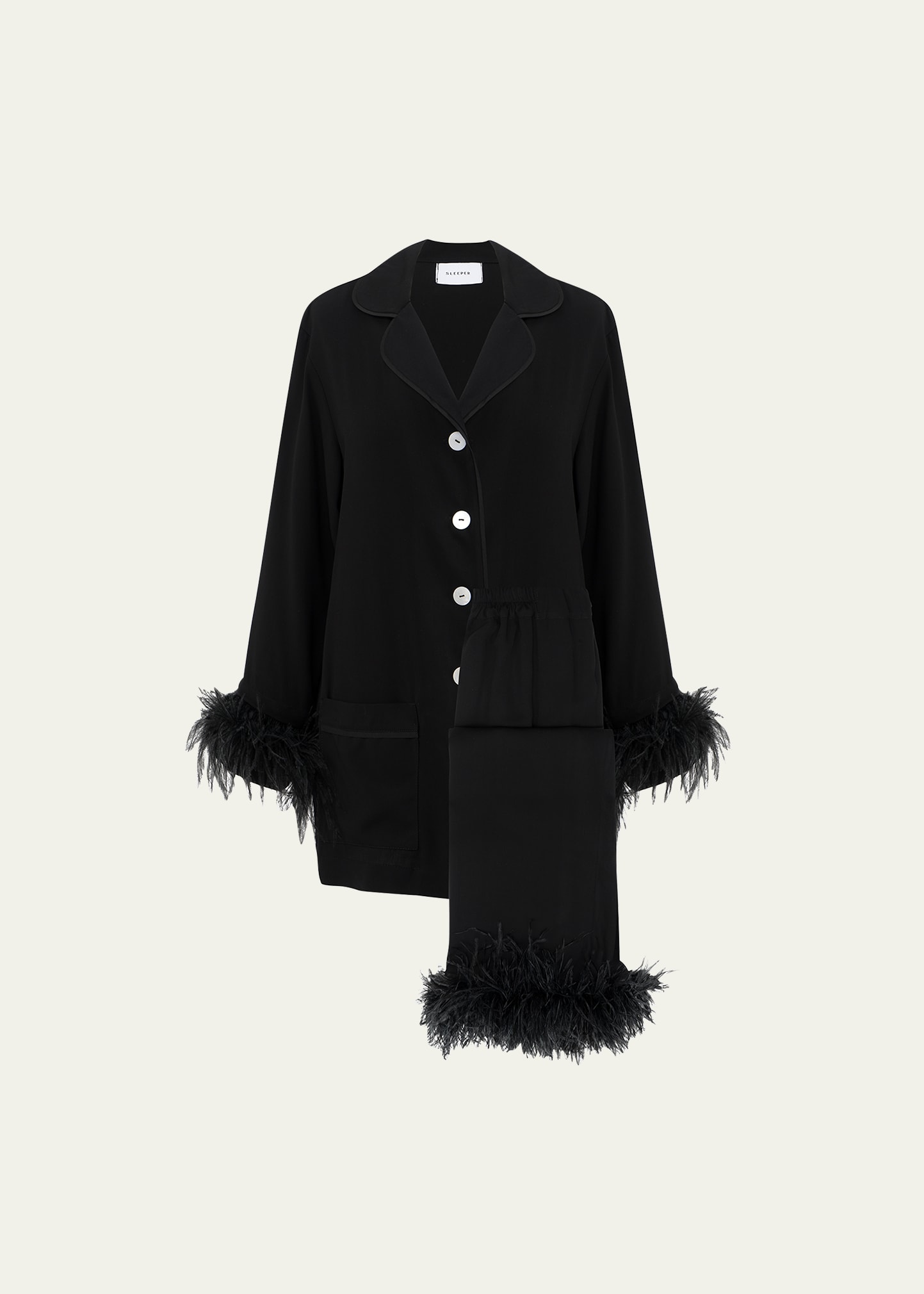 Sleeper Party Pajama Set With Double Feathers In Black
