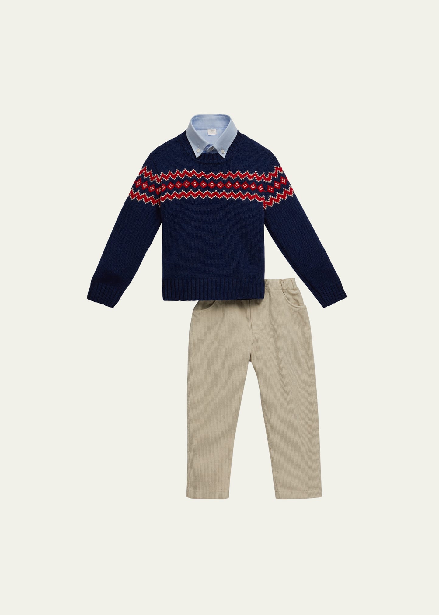 Boy's Three-Piece Jaquard Wool Sweater W/ Pants & Shirt, Size 3-8