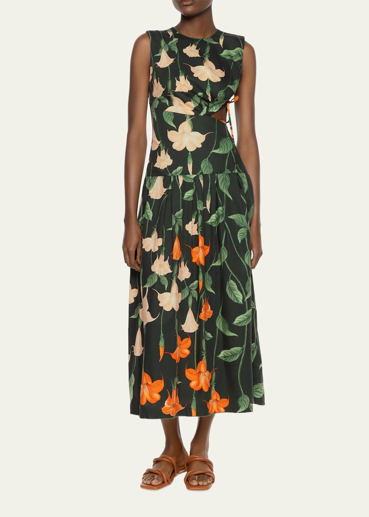Oto&nacute;o Floral Poplin Cutout-Waist Midi Dress