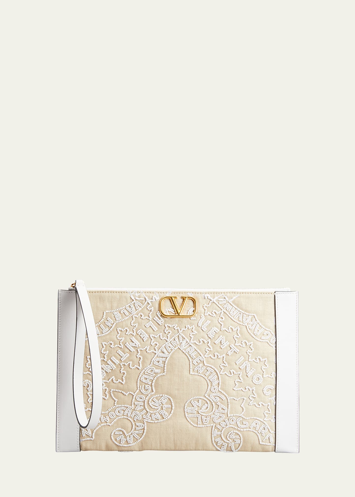 Valentino Vlogo Large Embroidered Flat Pouch Clutch Bag In Bianco
