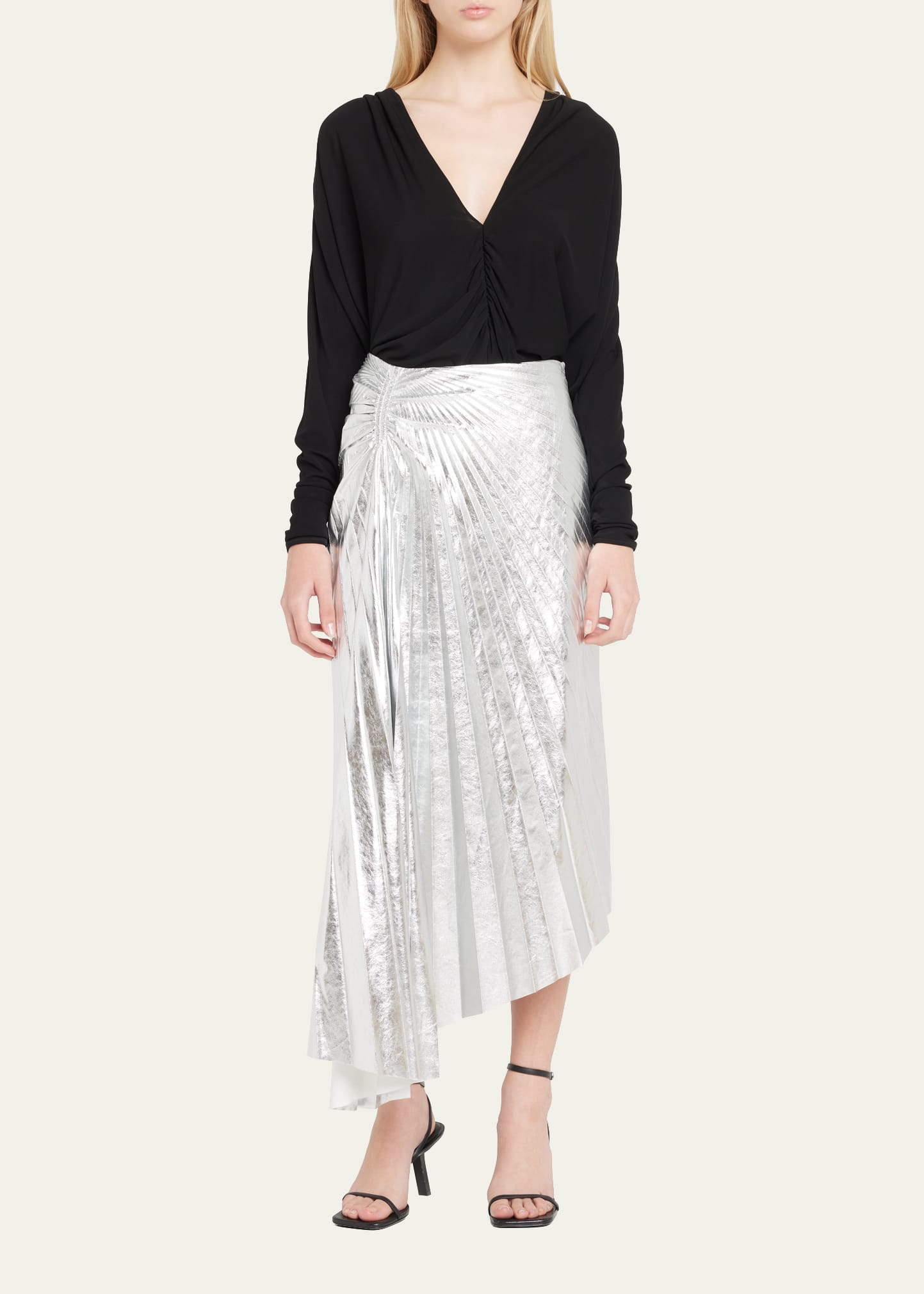 Tori Pleated Metallic Vegan Leather Midi Skirt