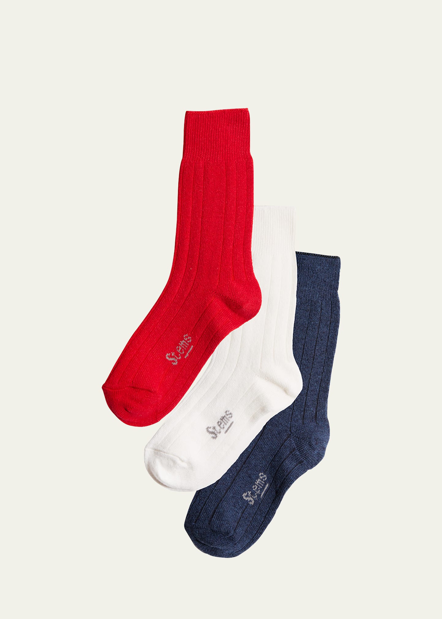 Stems Lux Cashmere Wool Socks Box Of Three In Navy/ivory/red