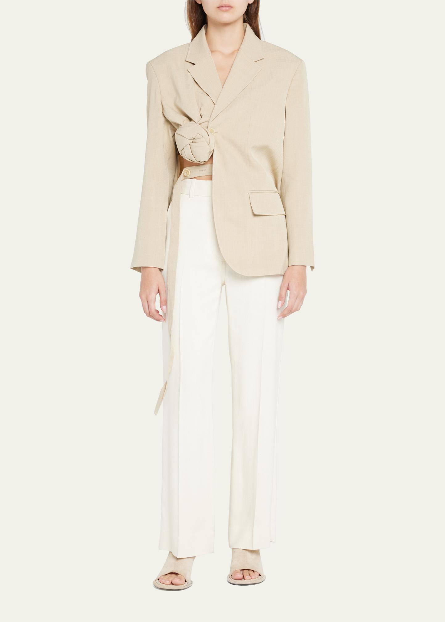 Jacquemus Baccala Asymmetric Cropped Blazer In Dark Beige