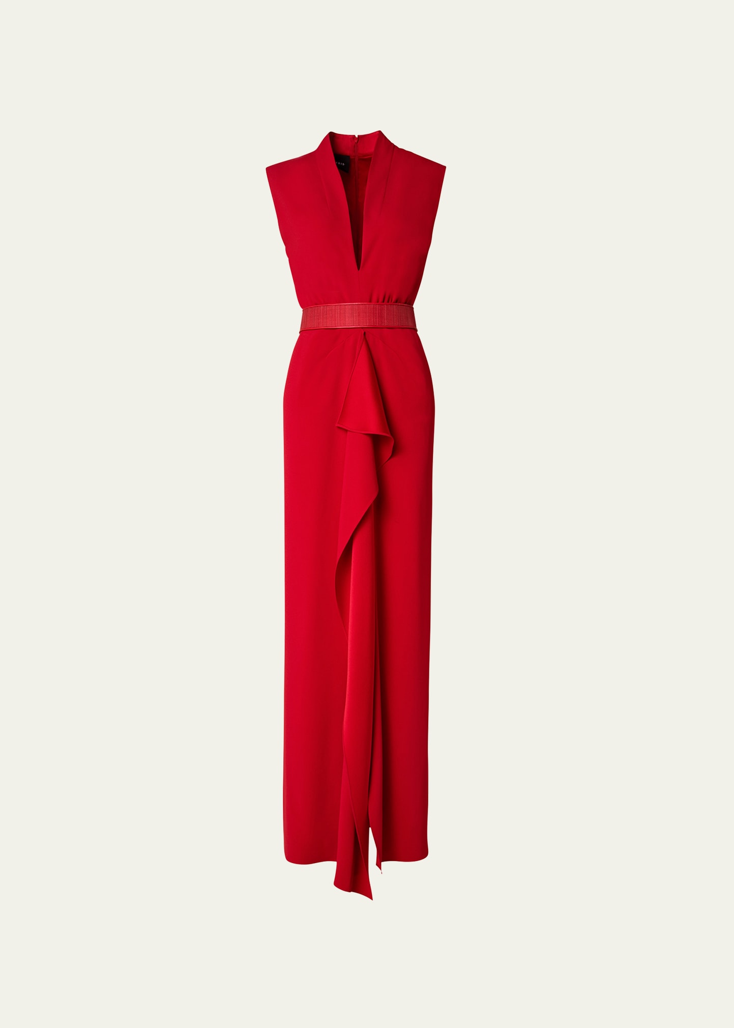 Akris Belted Crepe Gown With Ruffle Front Detail In Red