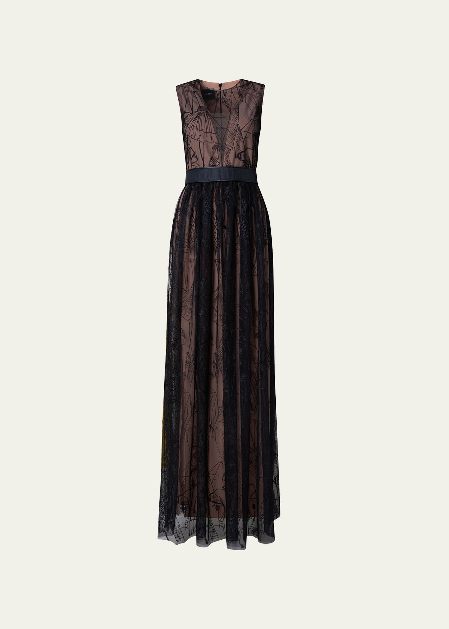 Akris Belted Tulle Gown With Croquis Embroidered Details In Black