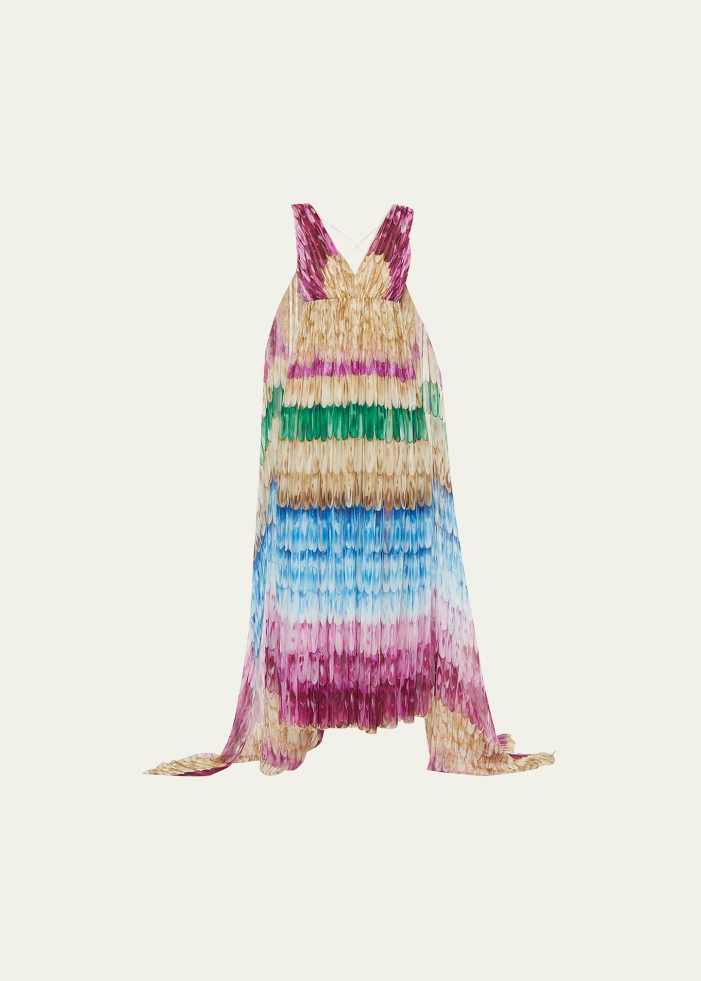 Valentino Multicolor Golden Wings Draped Chiffon Gown In Multi