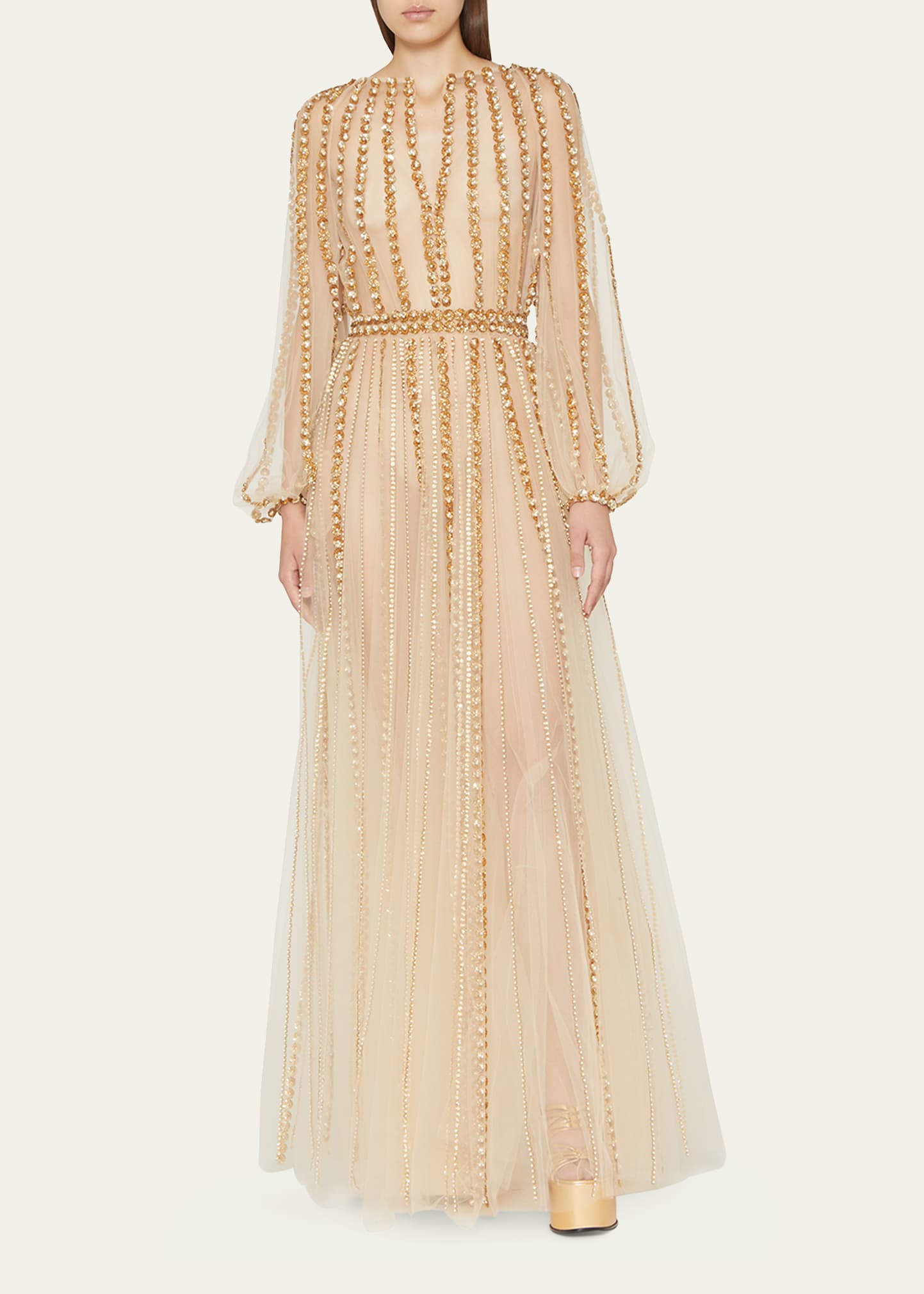 Valentino Embroidered Tulle Illusion Gown In Gold