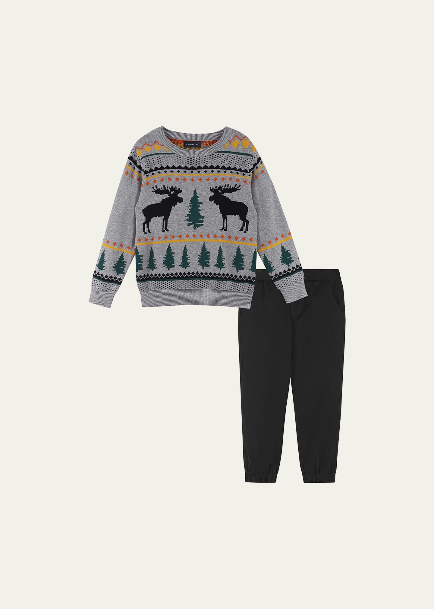 Shop Andy & Evan Boy's Holiday Sweater W/ Joggers Set In Grey Moose