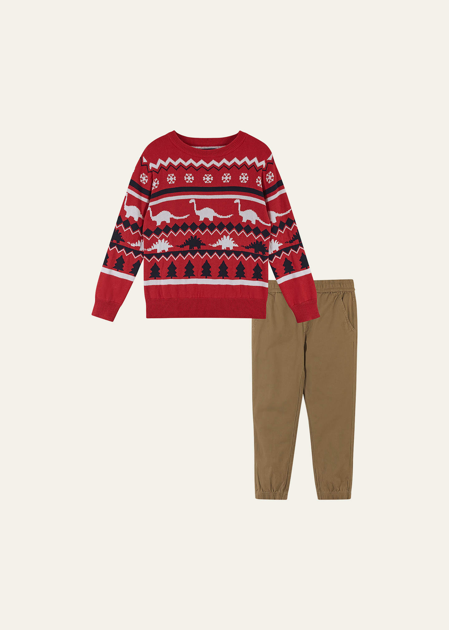 Shop Andy & Evan Boy's Holiday Sweater W/ Joggers Set In Red Dinos