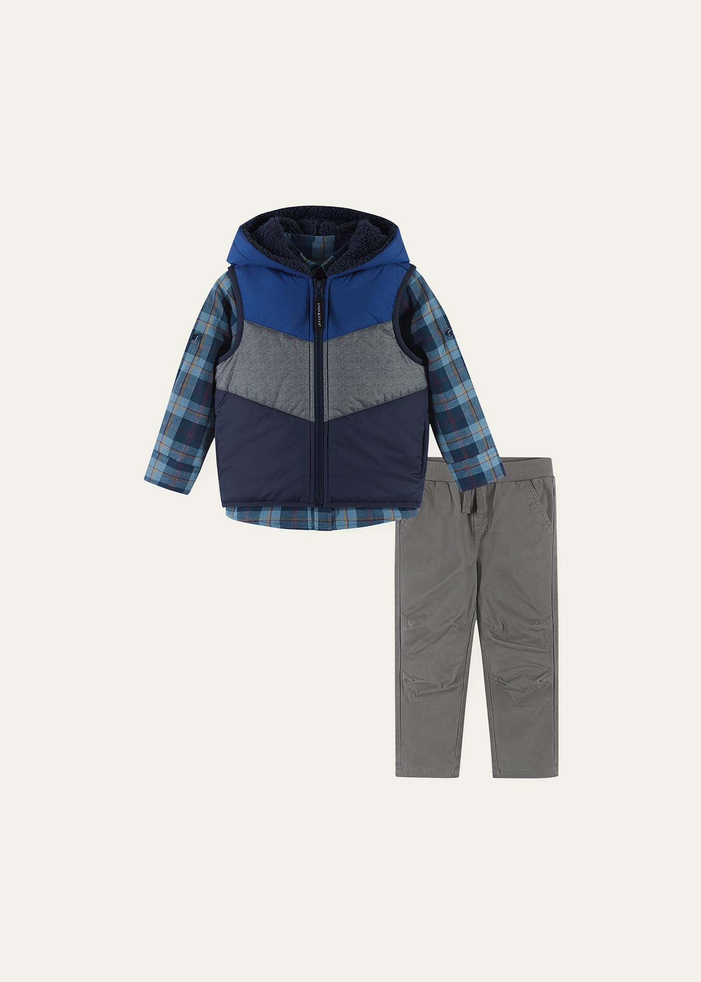 Shop Andy & Evan Boy's Hooded Puffer Vest W/ Shirt & Joggers Set In Blue Grey Plaid