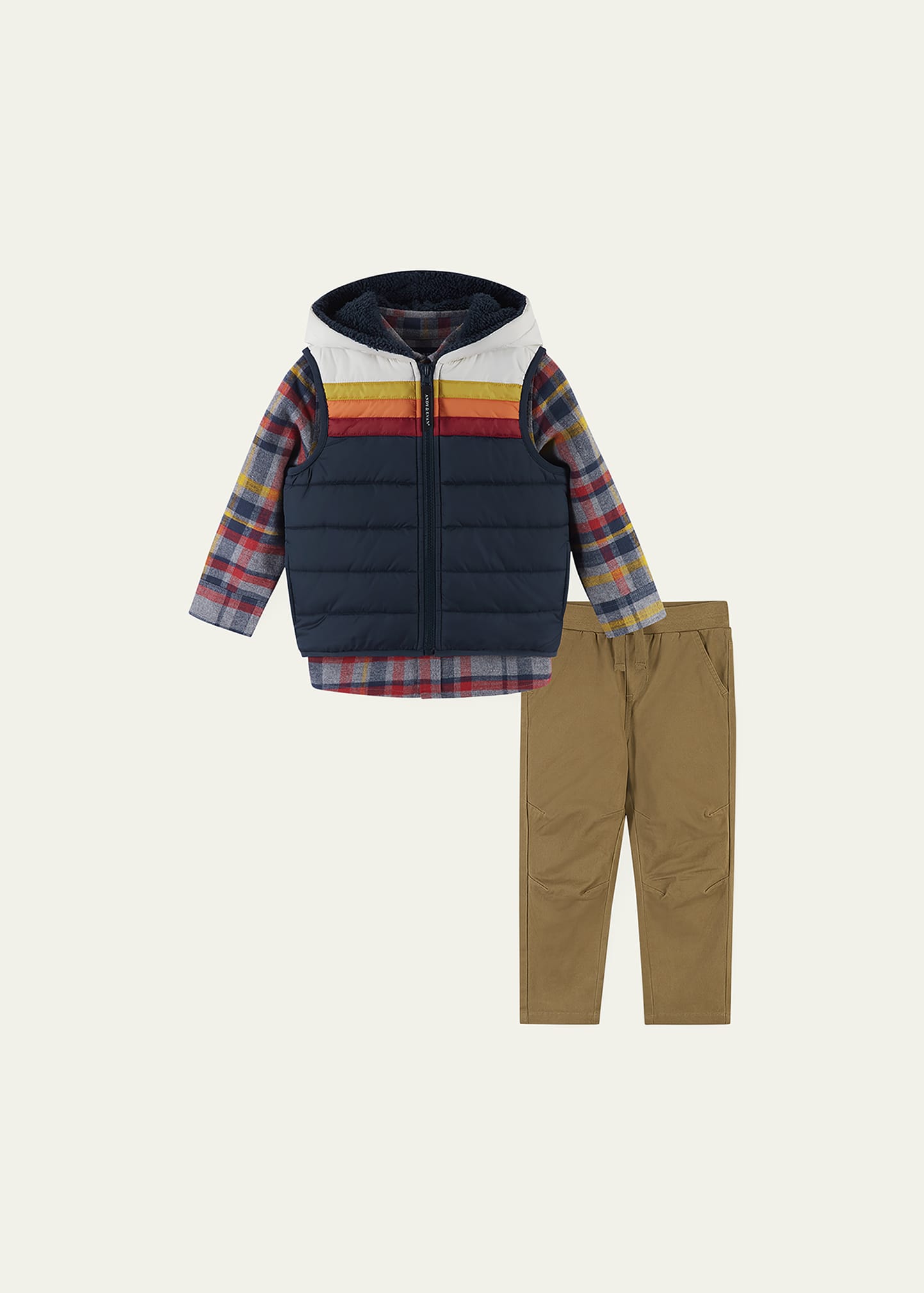 Andy & Evan Kids' Boy's Hooded Puffer Vest W/ Shirt & Joggers Set In Navy Plaid