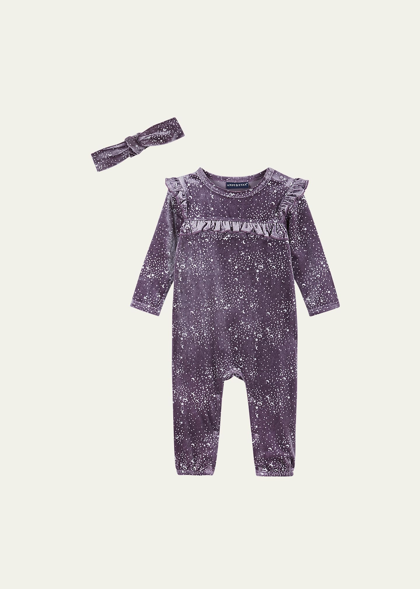 Shop Andy & Evan Girl's Moon And Stars-print Coverall W/ Headband In Purple Space