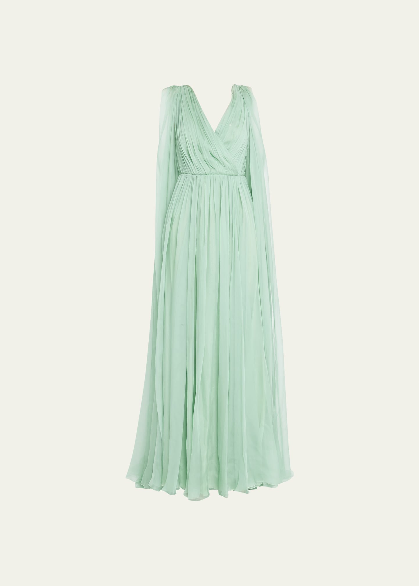 Valentino Cape-sleeves Pleated Chiffon Gown In Powder Green