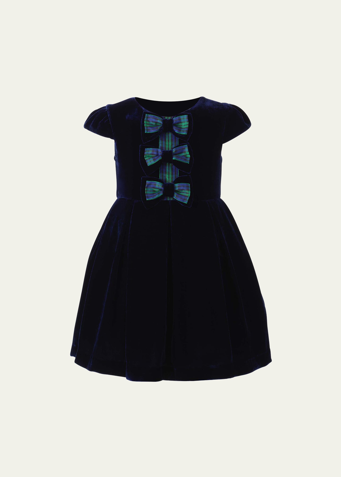 Girl's Bow Velvet Holiday Tartan Bow Dress, Size 2-14