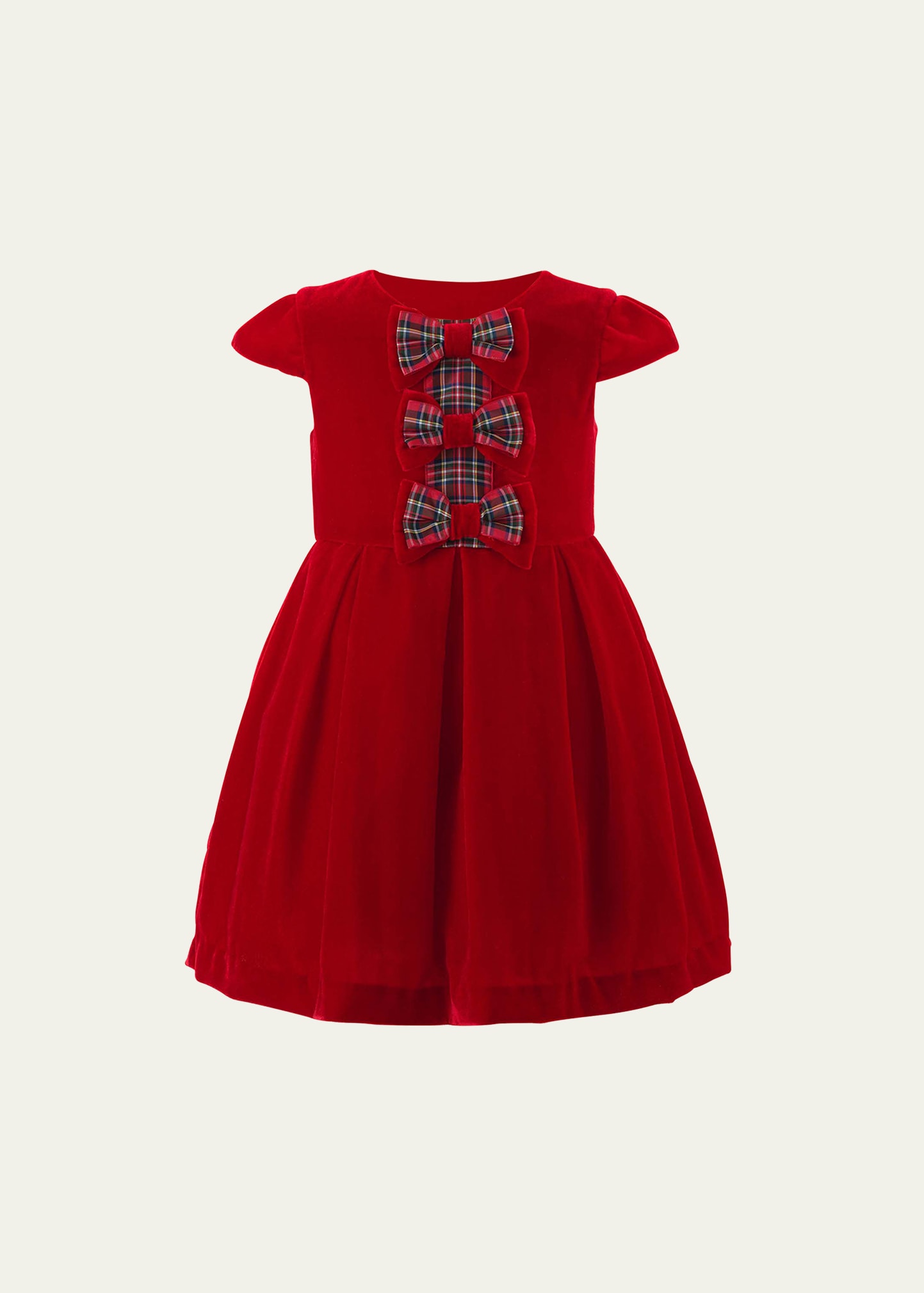 Shop Rachel Riley Girl's Bow Velvet Holiday Tartan Bow Dress In Red