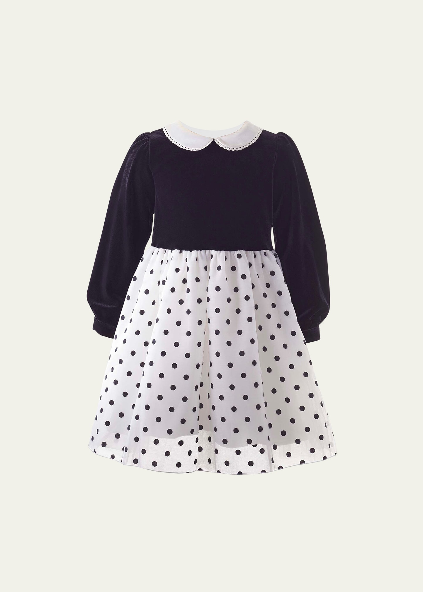 Girl's Combo Velvet Polka Dot Dress, Size 2-10