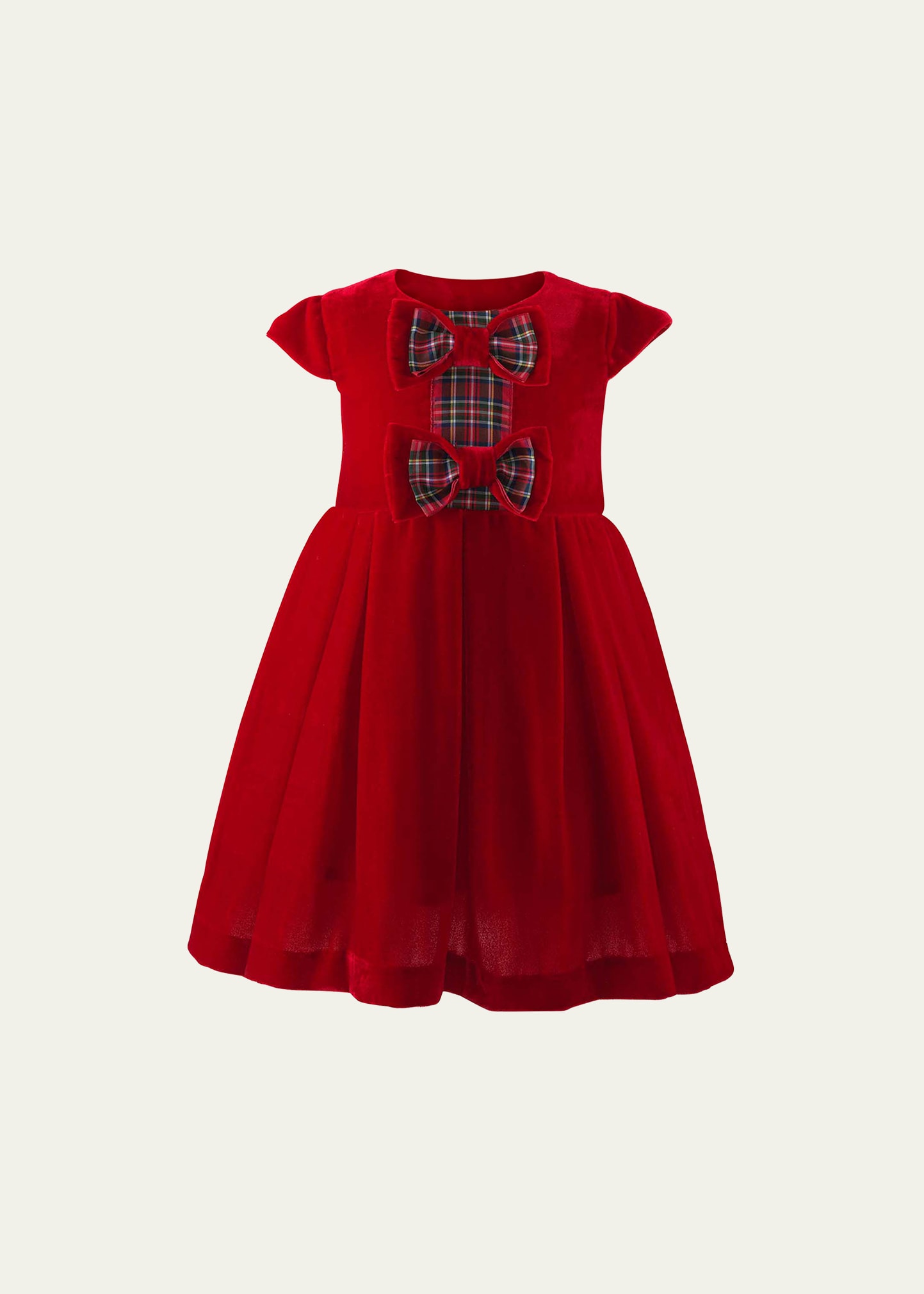 Girl's Bow Velvet Holiday Tartan Bow Dress, Size 6M-24M